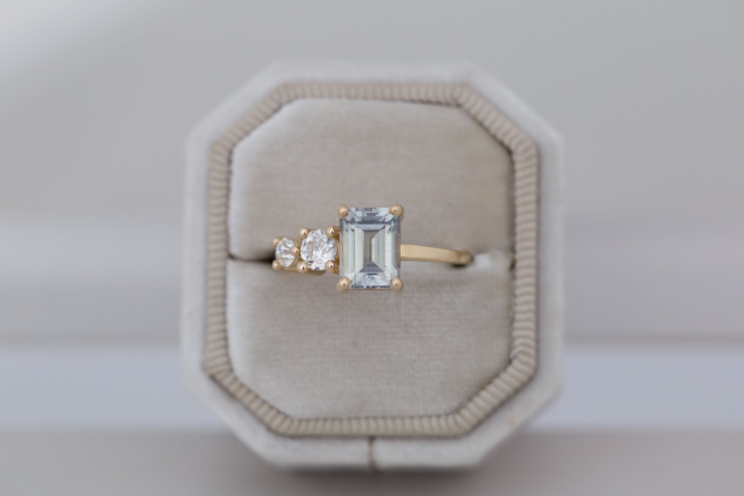 Fern Ring | Grey Emerald Cut Sapphire + Antique Diamonds Engagement Ring 2.32 ct | 14k Recycled Gold | One of a Kind