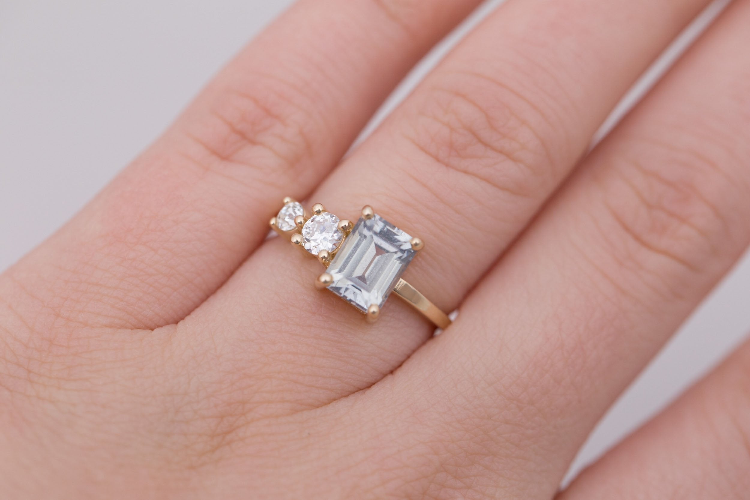 Fern Ring | Grey Emerald Cut Sapphire + Antique Diamonds Engagement Ring 2.32 ct | 14k Recycled Gold | One of a Kind