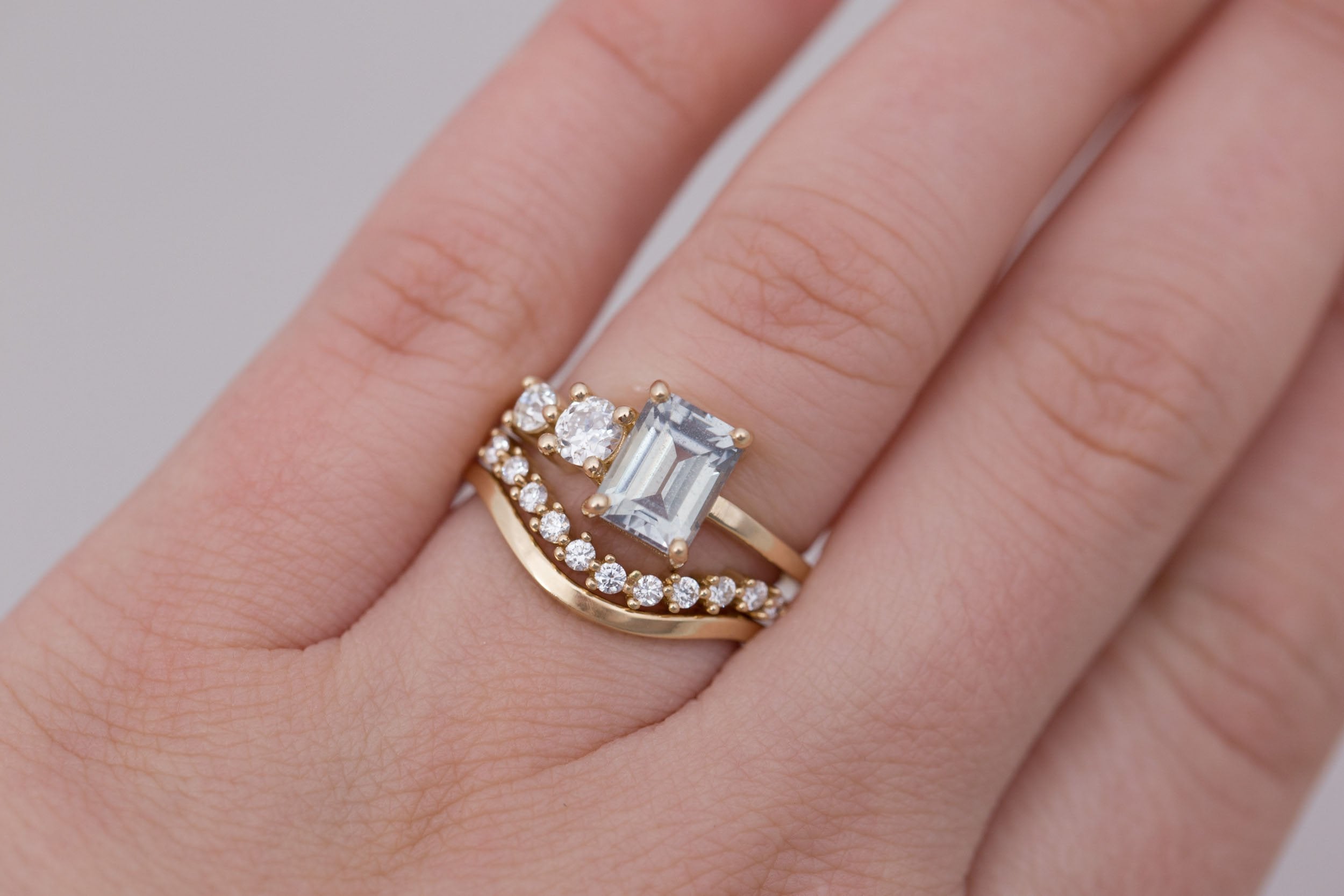 Fern Ring | Grey Emerald Cut Sapphire + Antique Diamonds Engagement Ring 2.32 ct | 14k Recycled Gold | One of a Kind