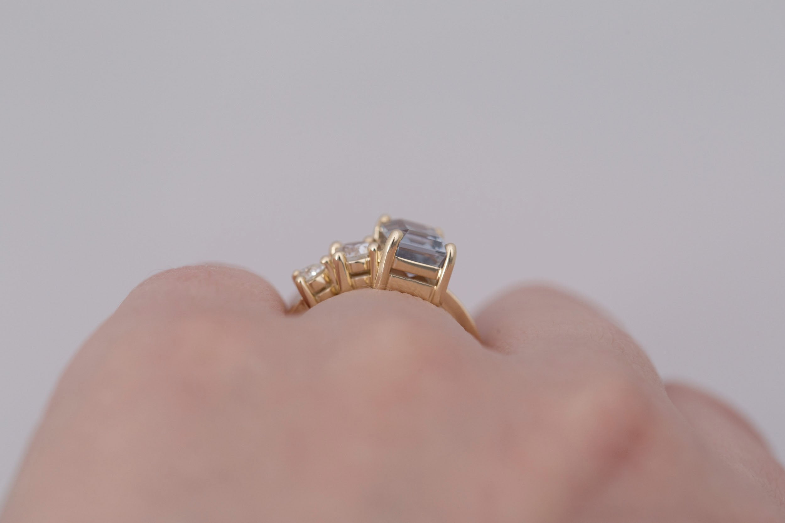 Fern Ring | Grey Emerald Cut Sapphire + Antique Diamonds Engagement Ring 2.32 ct | 14k Recycled Gold | One of a Kind