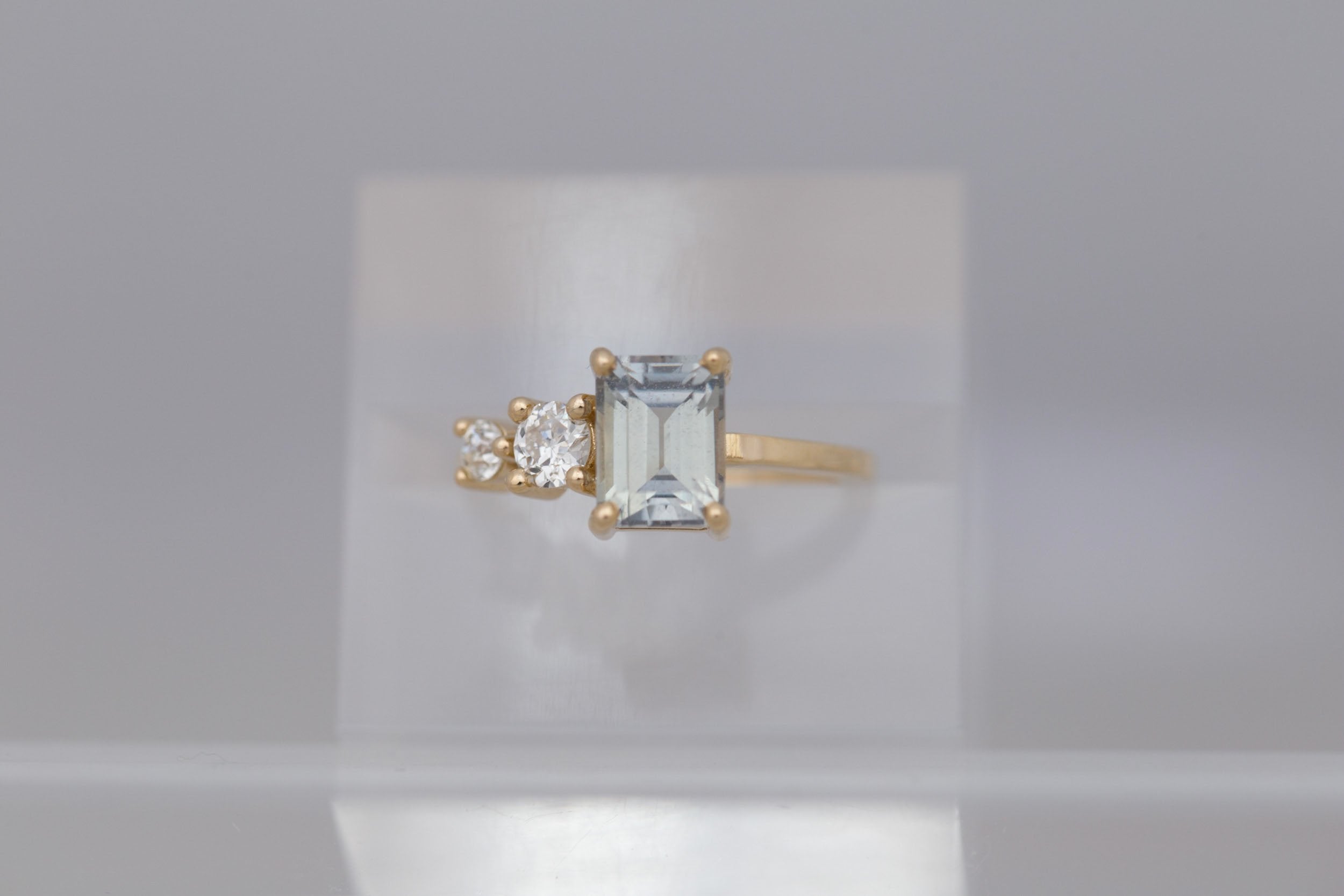 Fern Ring | Grey Emerald Cut Sapphire + Antique Diamonds Engagement Ring 2.32 ct | 14k Recycled Gold | One of a Kind