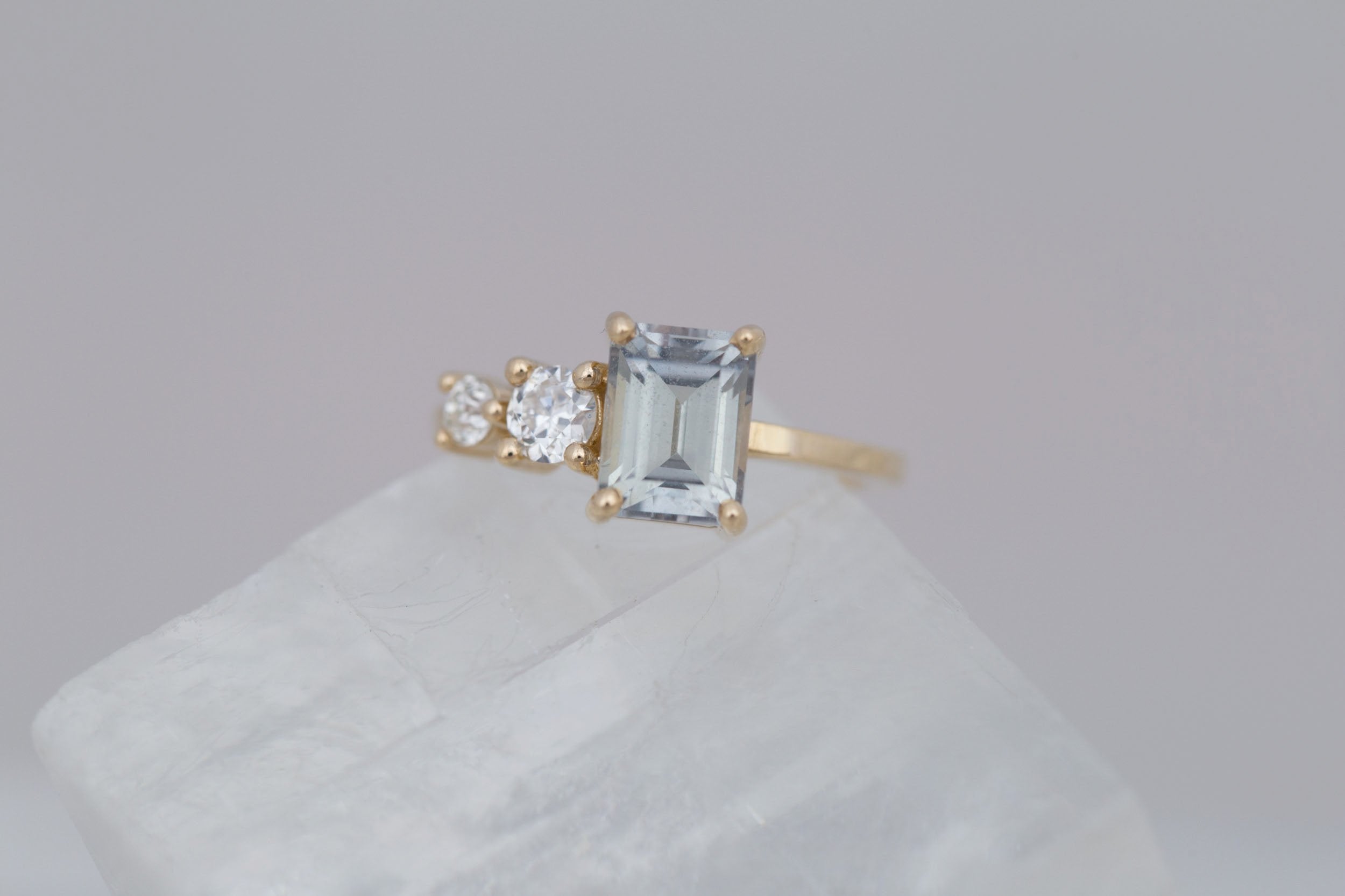 Fern Ring | Grey Emerald Cut Sapphire + Antique Diamonds Engagement Ring 2.32 ct | 14k Recycled Gold | One of a Kind