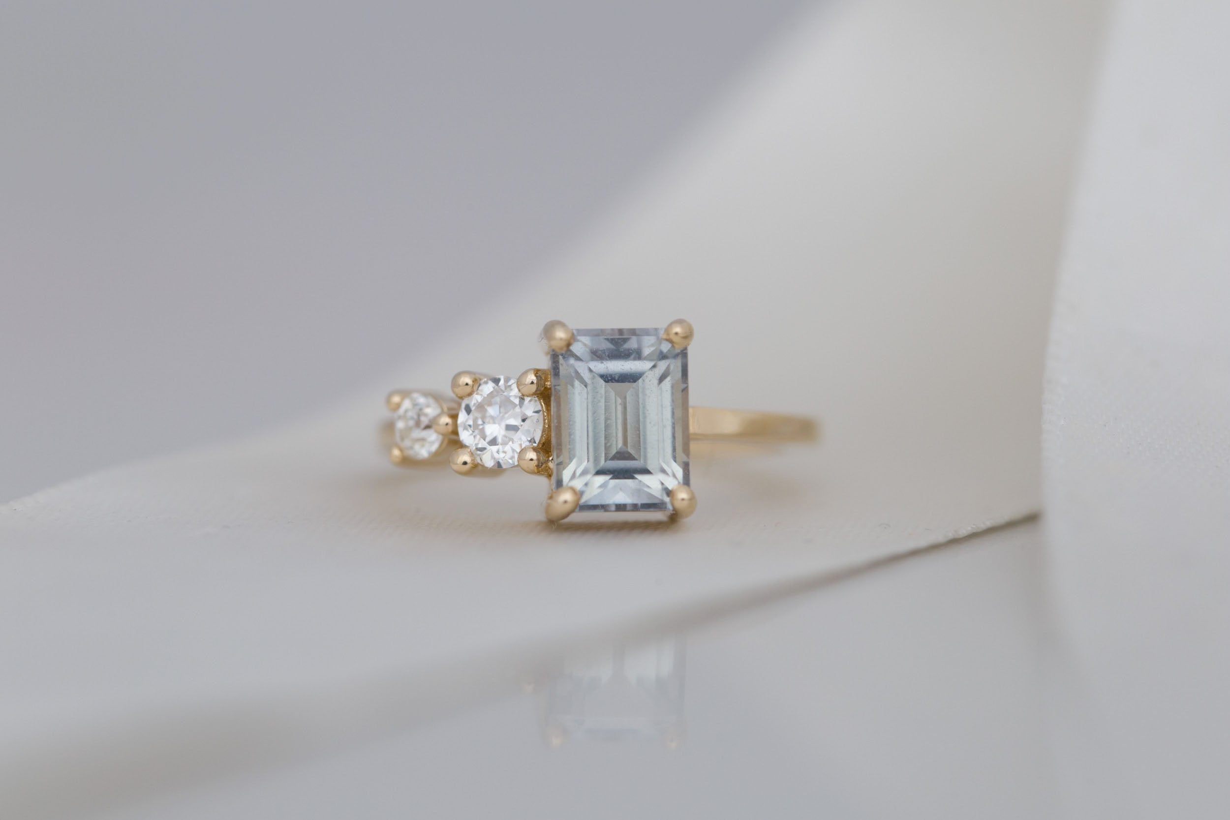 Fern Ring | Grey Emerald Cut Sapphire + Antique Diamonds Engagement Ring 2.32 ct | 14k Recycled Gold | One of a Kind