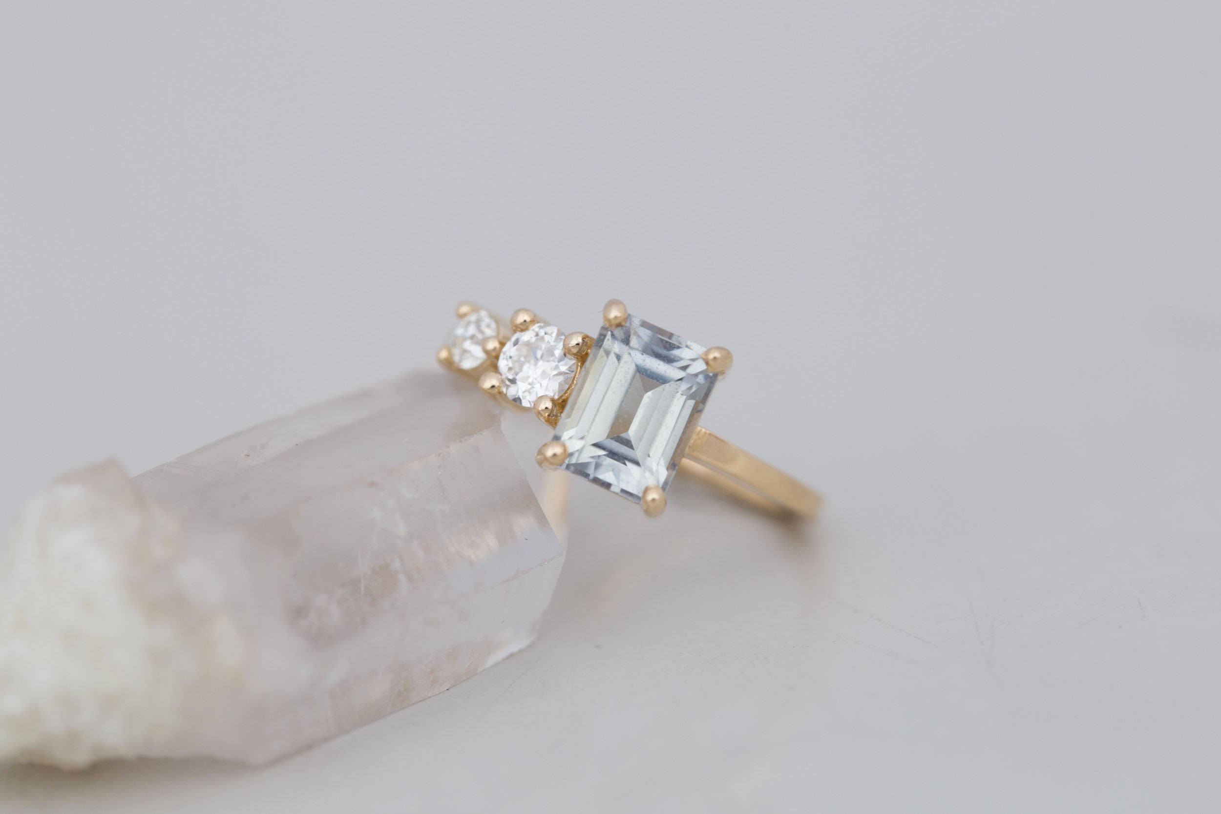 Fern Ring | Grey Emerald Cut Sapphire + Antique Diamonds Engagement Ring 2.32 ct | 14k Recycled Gold | One of a Kind