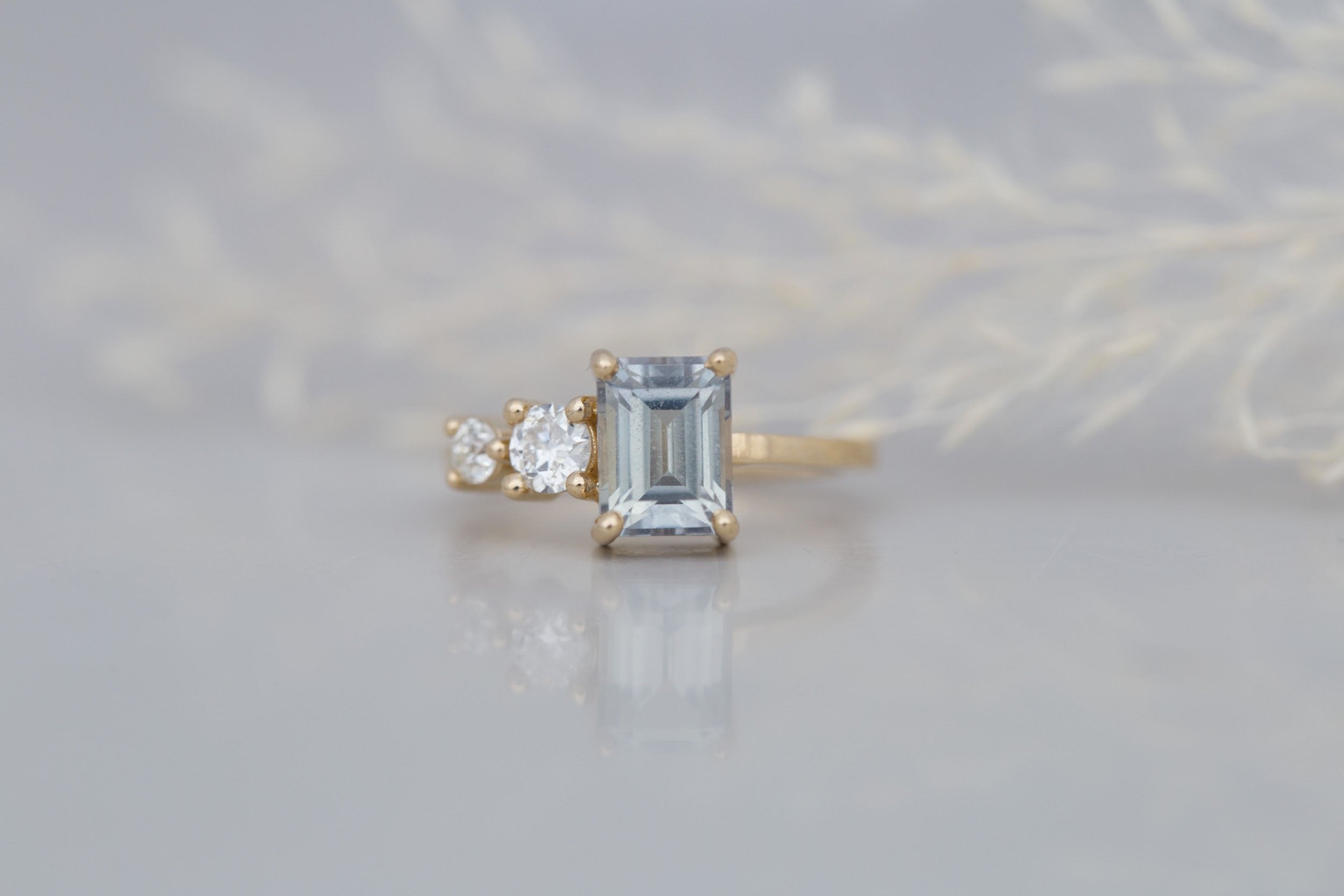 Fern Ring | Grey Emerald Cut Sapphire + Antique Diamonds Engagement Ring 2.32 ct | 14k Recycled Gold | One of a Kind