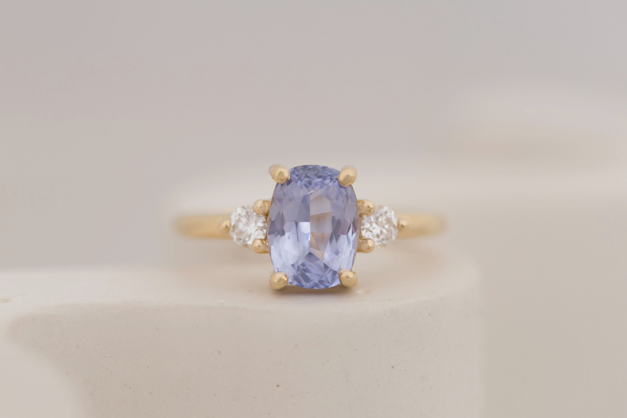 Maeve Ring | Lavender Cushion Sapphire + Round Diamond Accent Engagement Ring 2.34 ct | 14k Recycled Gold | One of a Kind
