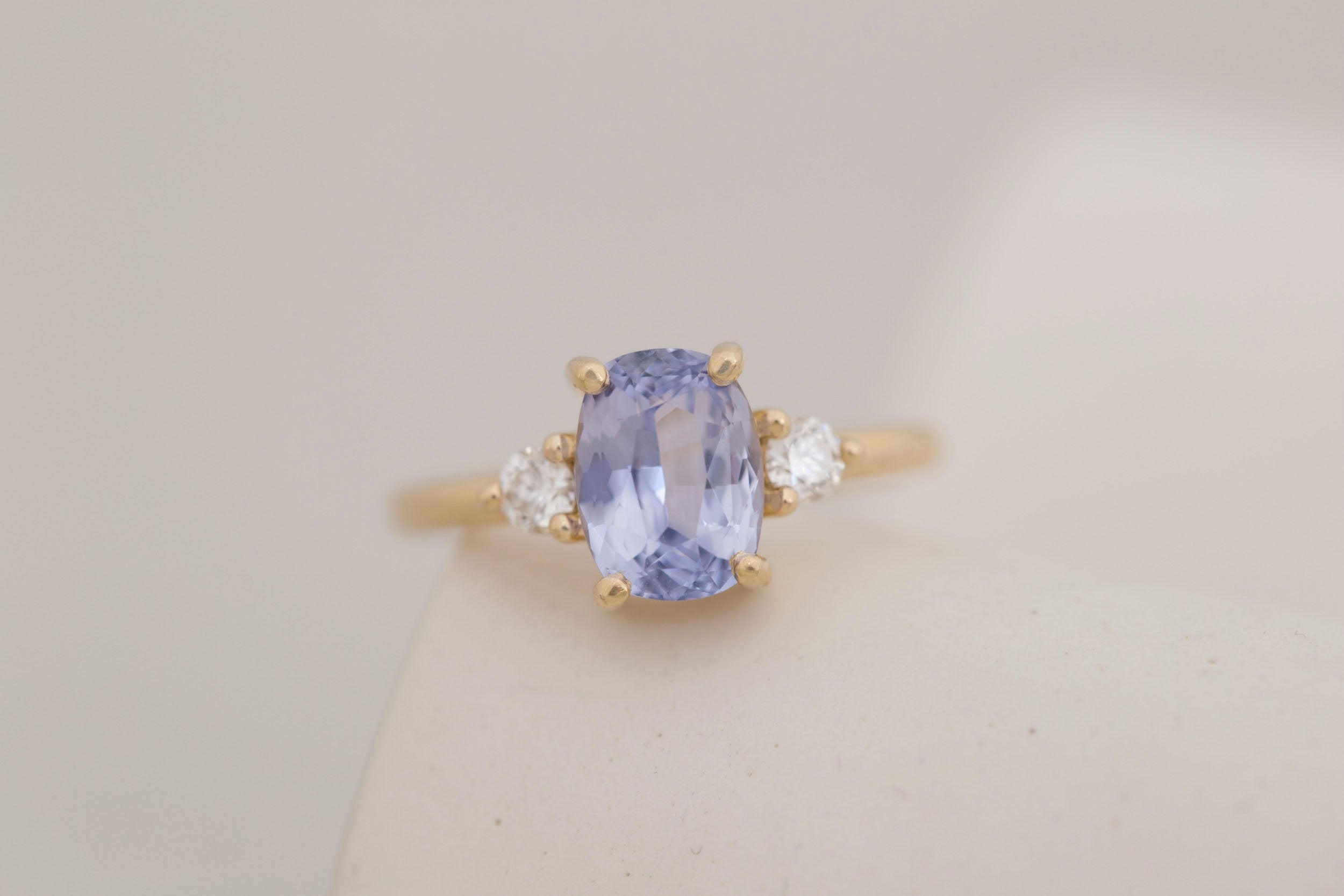 Maeve Ring | Lavender Cushion Sapphire + Round Diamond Accent Engagement Ring 2.34 ct | 14k Recycled Gold | One of a Kind