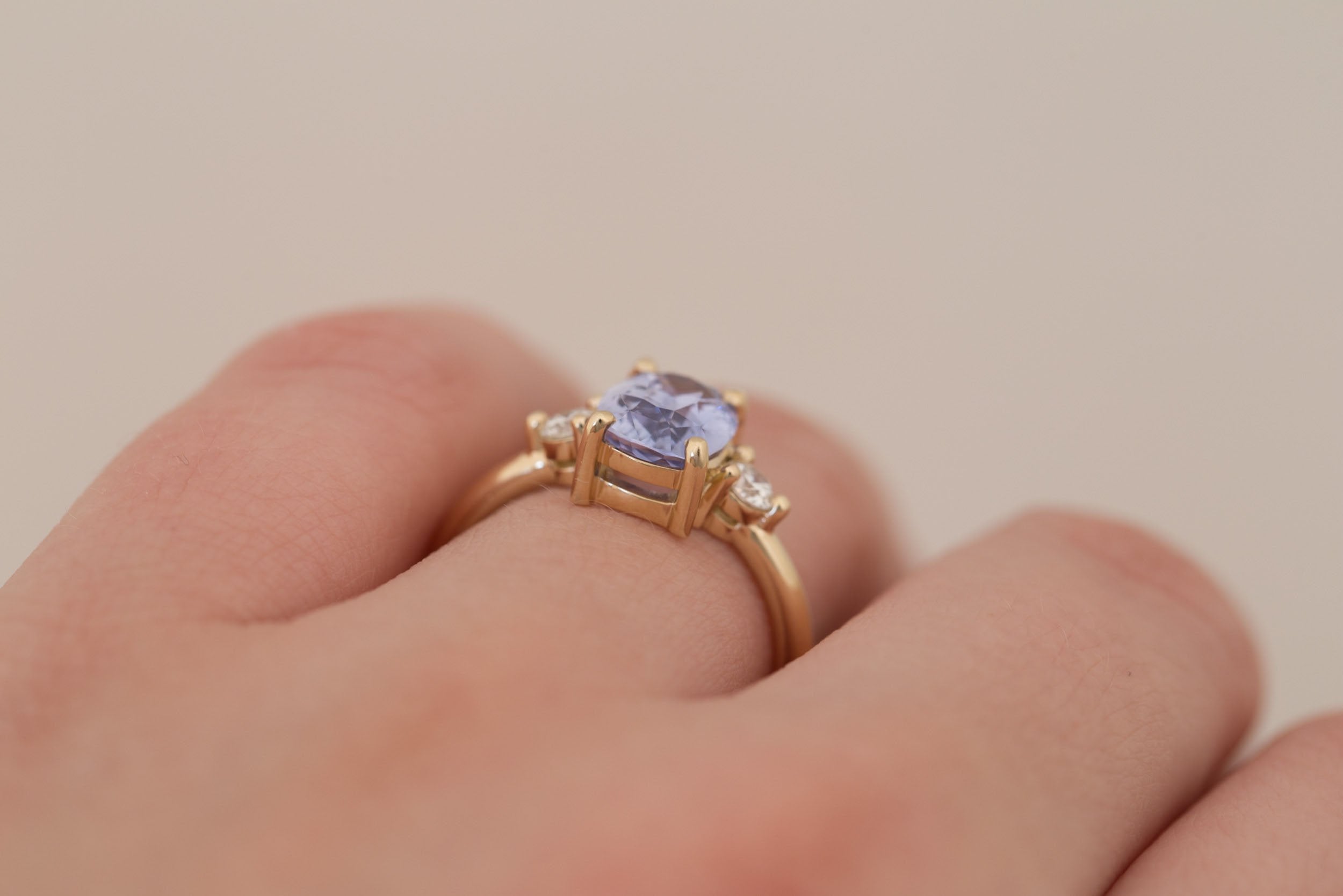 Maeve Ring | Lavender Cushion Sapphire + Round Diamond Accent Engagement Ring 2.34 ct | 14k Recycled Gold | One of a Kind