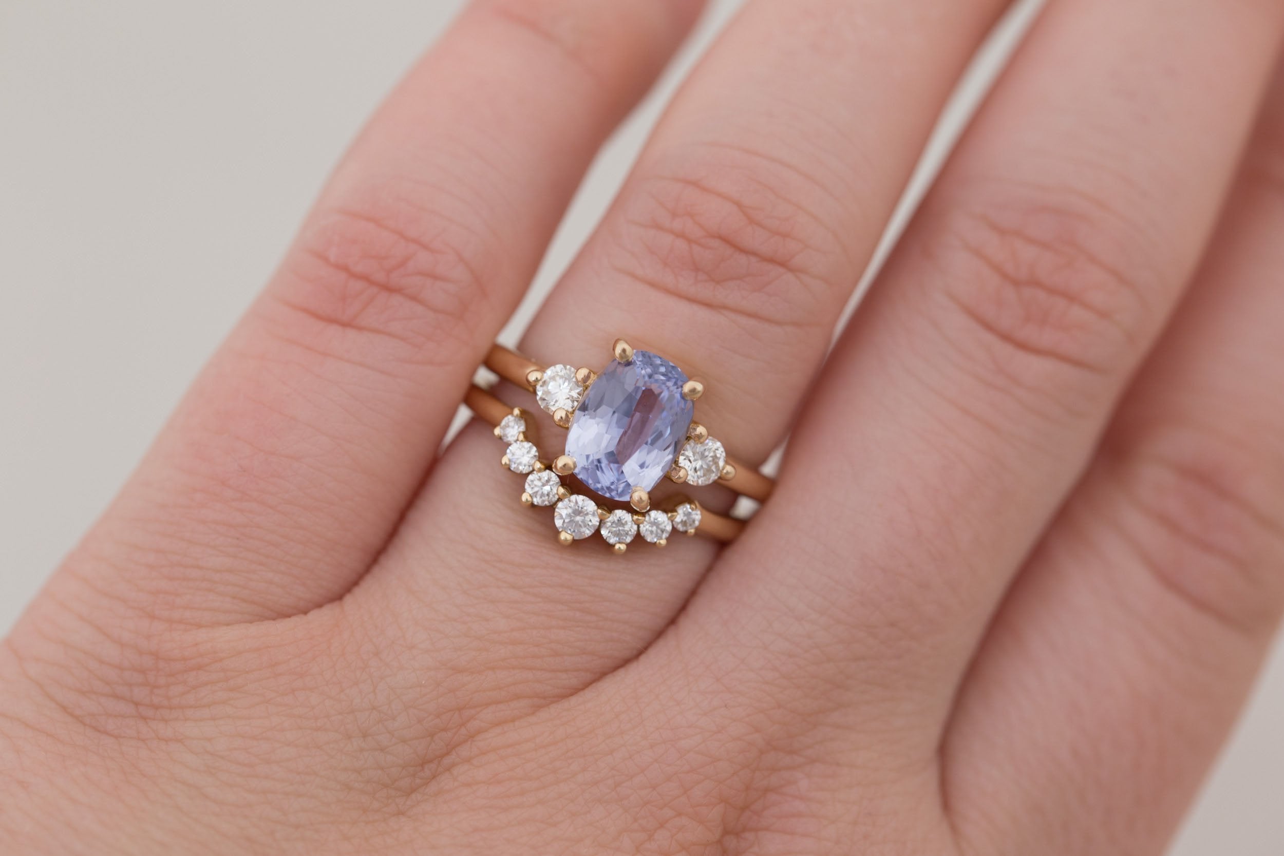 Maeve Ring | Lavender Cushion Sapphire + Round Diamond Accent Engagement Ring 2.34 ct | 14k Recycled Gold | One of a Kind