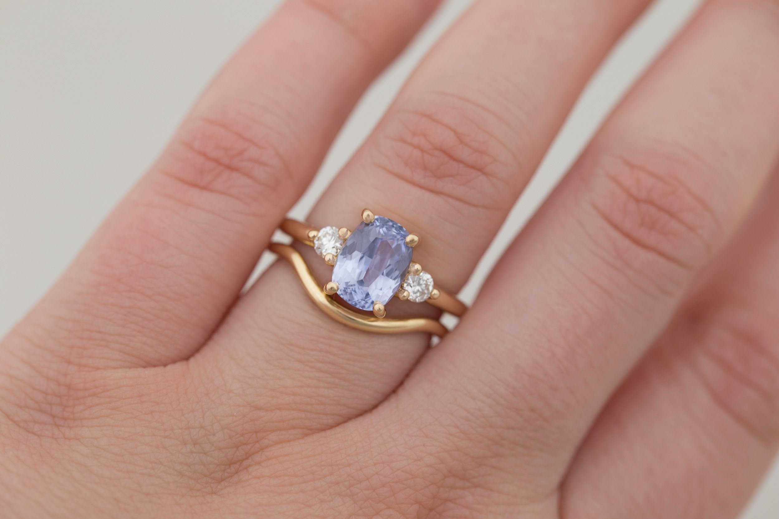 Maeve Ring | Lavender Cushion Sapphire + Round Diamond Accent Engagement Ring 2.34 ct | 14k Recycled Gold | One of a Kind