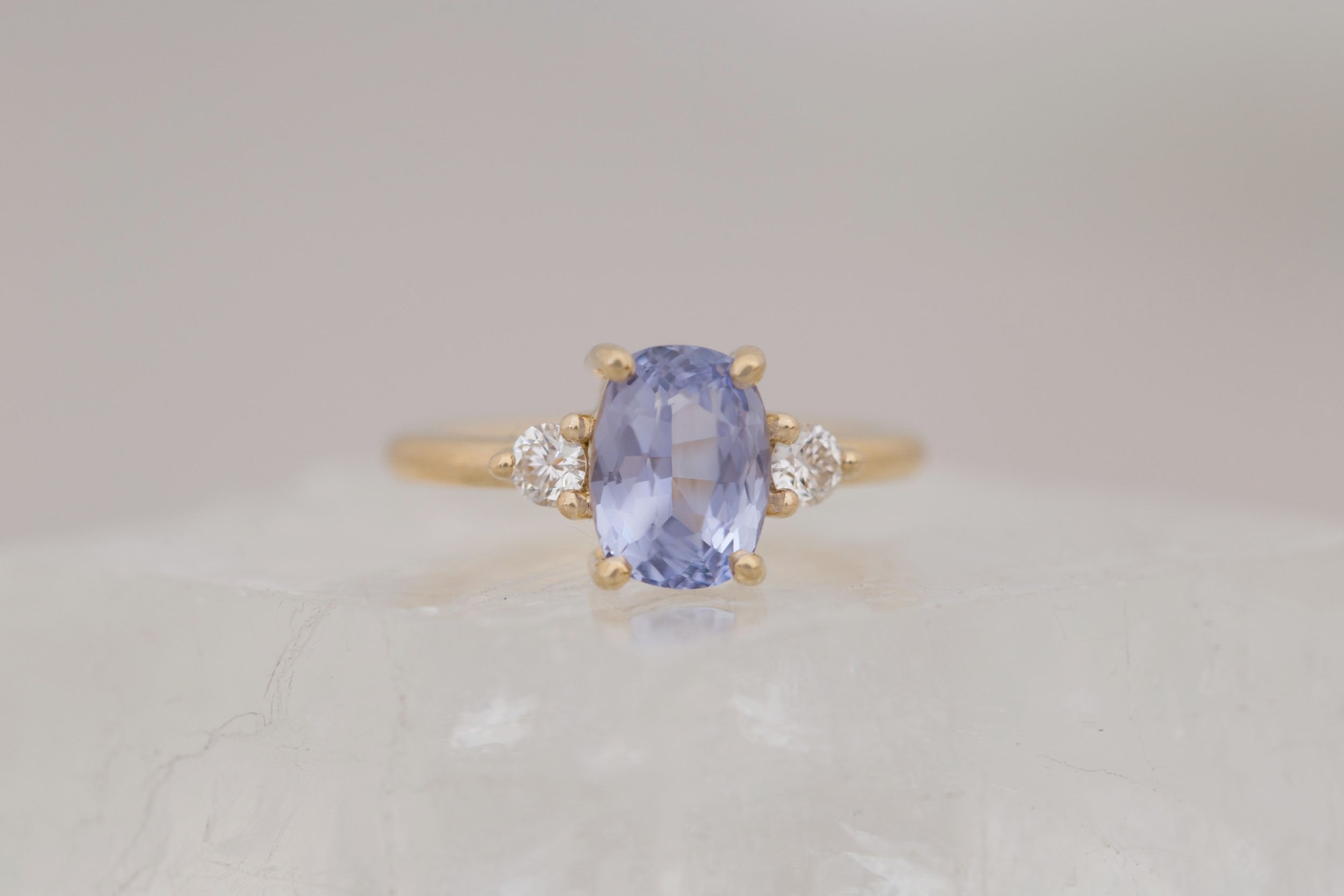 Maeve Ring | Lavender Cushion Sapphire + Round Diamond Accent Engagement Ring 2.34 ct | 14k Recycled Gold | One of a Kind