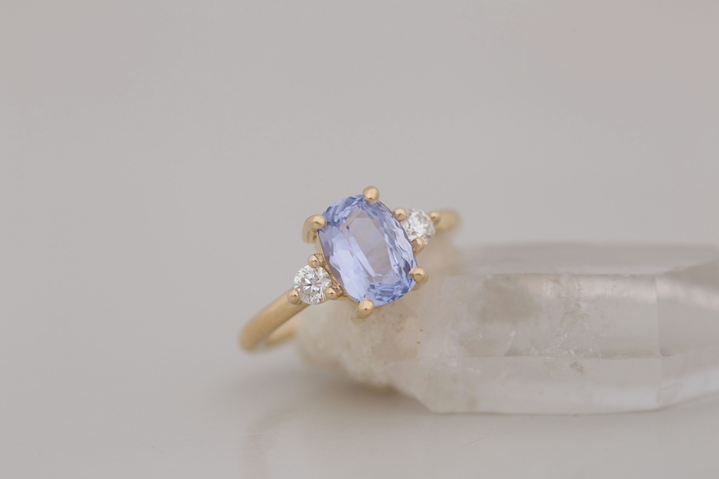 Maeve Ring | Lavender Cushion Sapphire + Round Diamond Accent Engagement Ring 2.34 ct | 14k Recycled Gold | One of a Kind