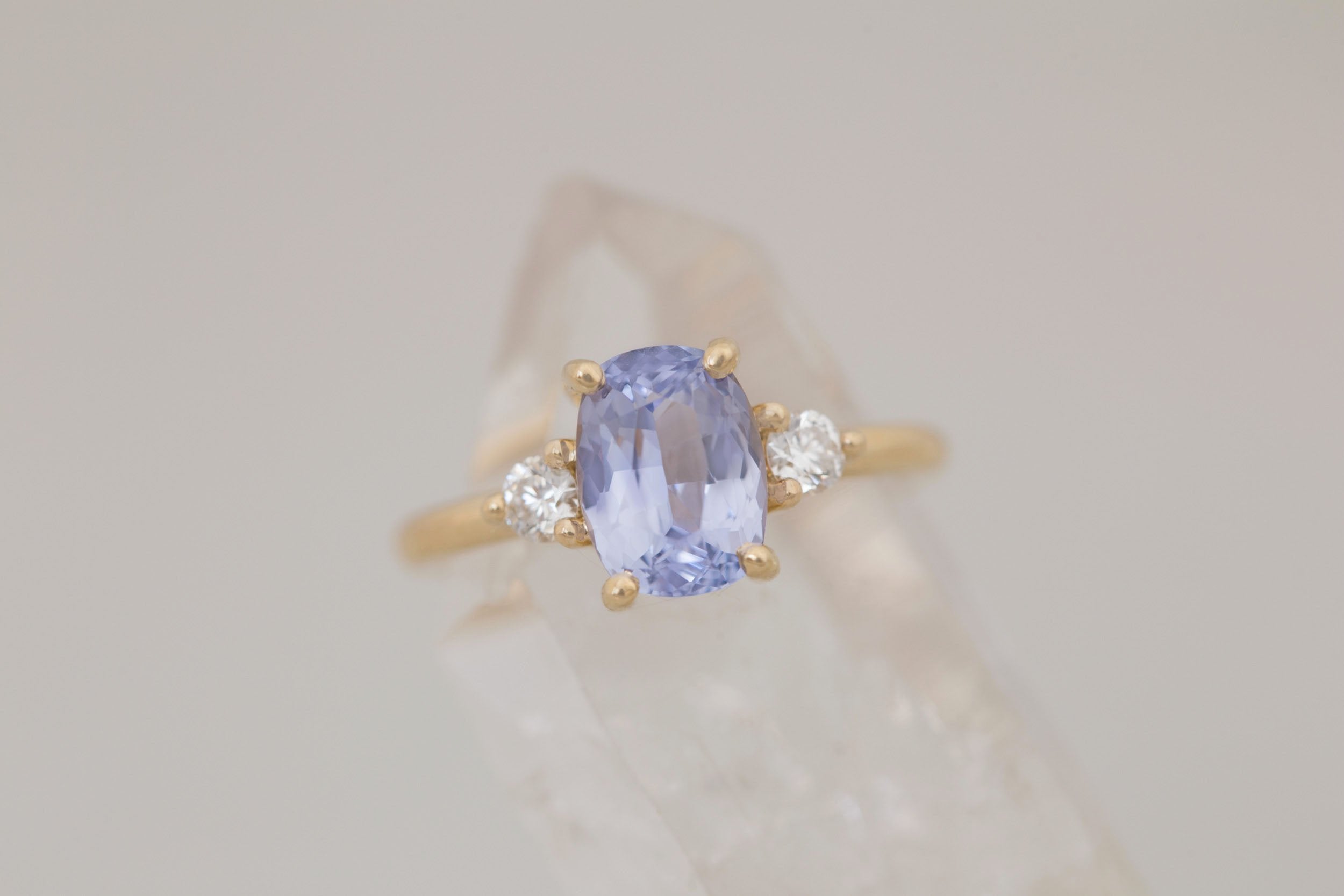 Maeve Ring | Lavender Cushion Sapphire + Round Diamond Accent Engagement Ring 2.34 ct | 14k Recycled Gold | One of a Kind