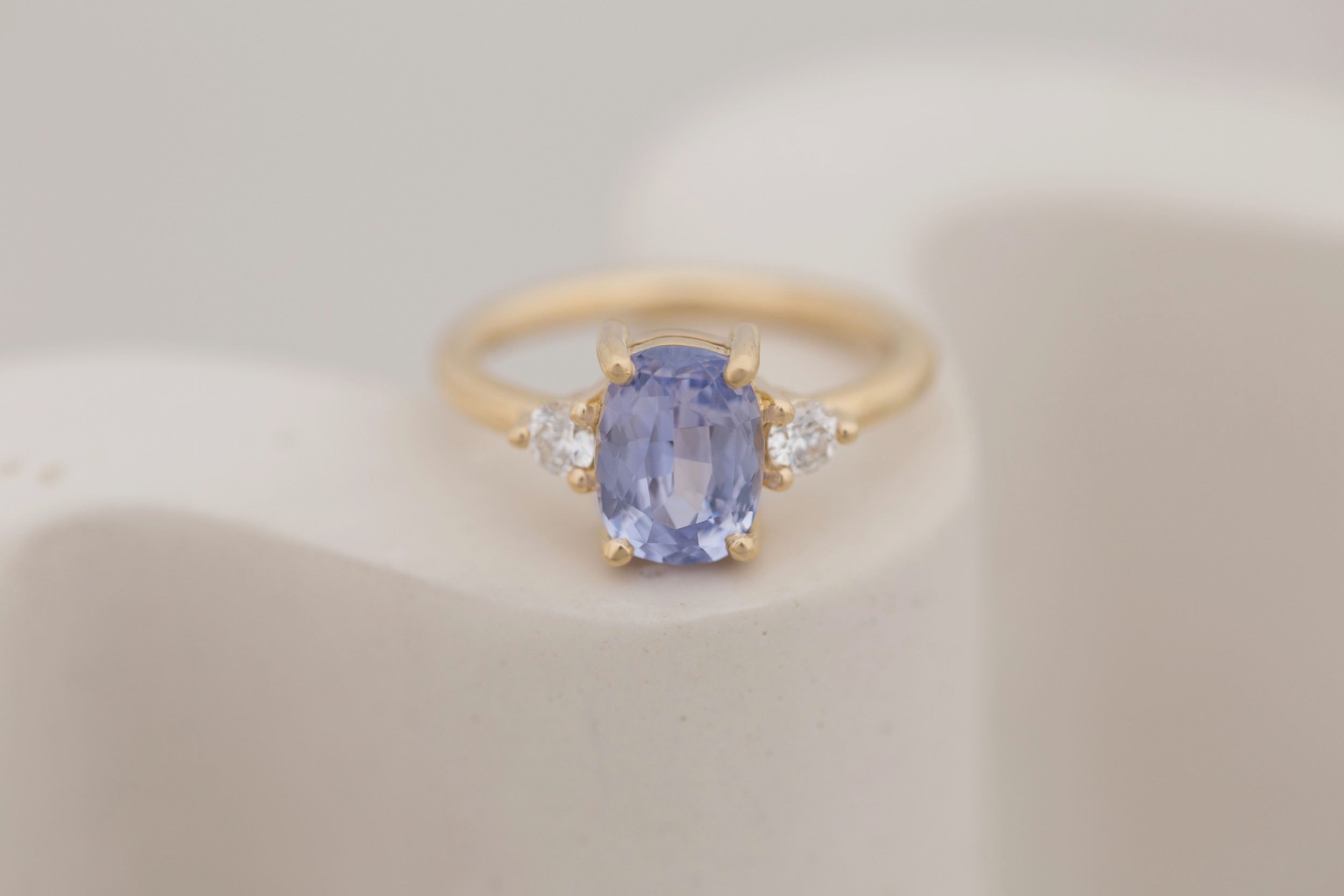 Maeve Ring | Lavender Cushion Sapphire + Round Diamond Accent Engagement Ring 2.34 ct | 14k Recycled Gold | One of a Kind