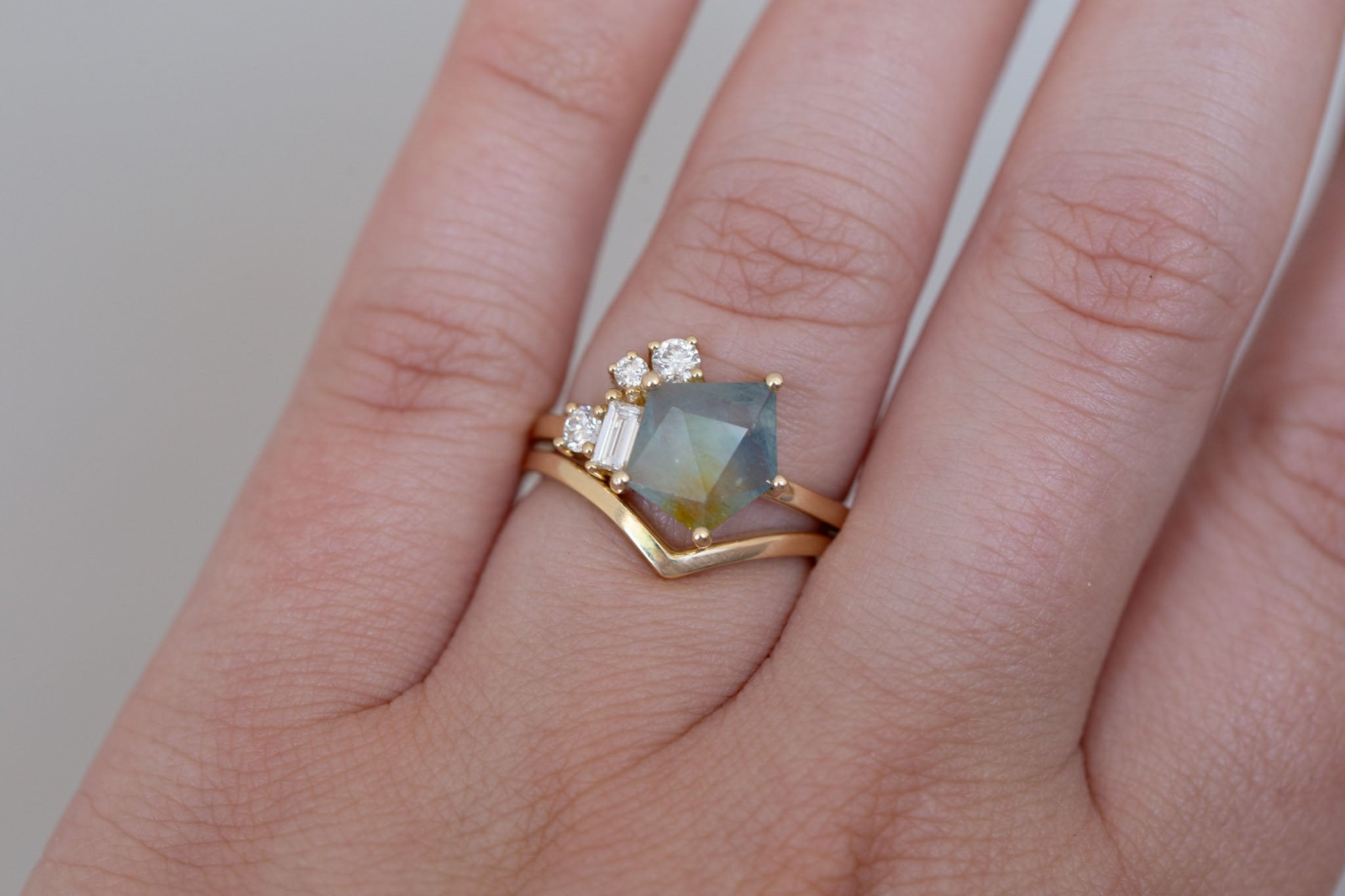 Freya Ring | Bicolor Geocut Sapphire + Diamond Cluster Engagement Ring 2.37 ct | 14k Recycled Gold | One of a Kind
