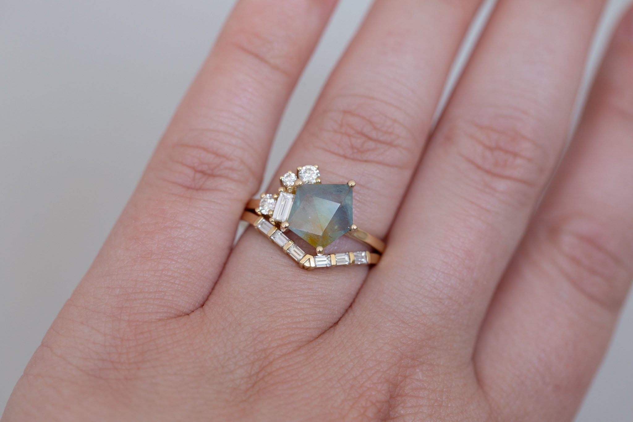 Freya Ring | Bicolor Geocut Sapphire + Diamond Cluster Engagement Ring 2.37 ct | 14k Recycled Gold | One of a Kind