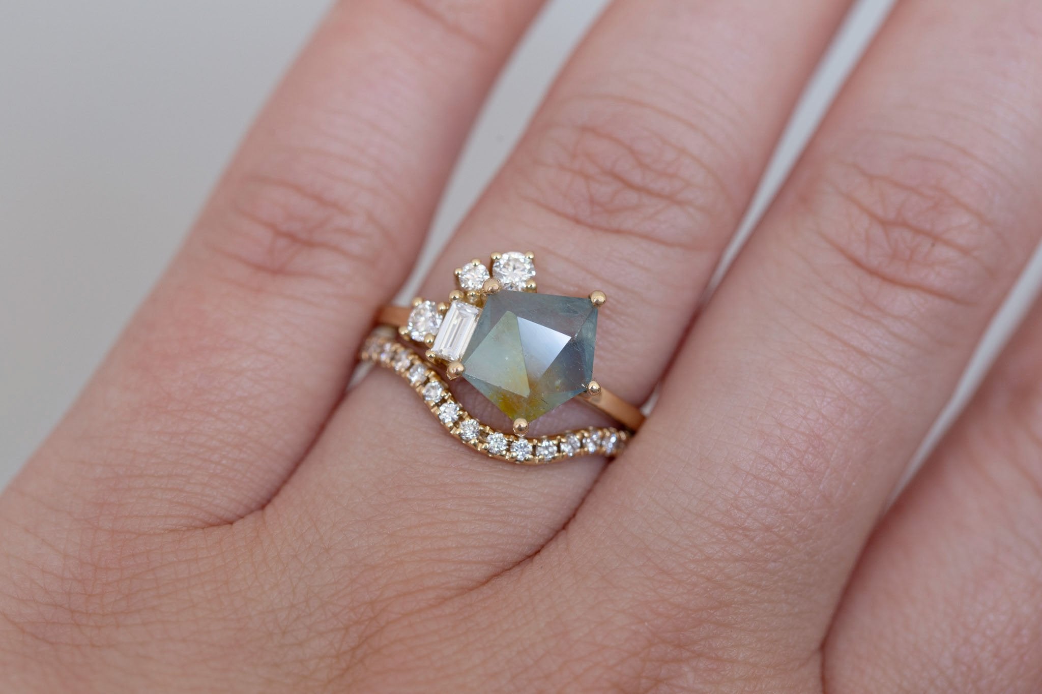 Freya Ring | Bicolor Geocut Sapphire + Diamond Cluster Engagement Ring 2.37 ct | 14k Recycled Gold | One of a Kind