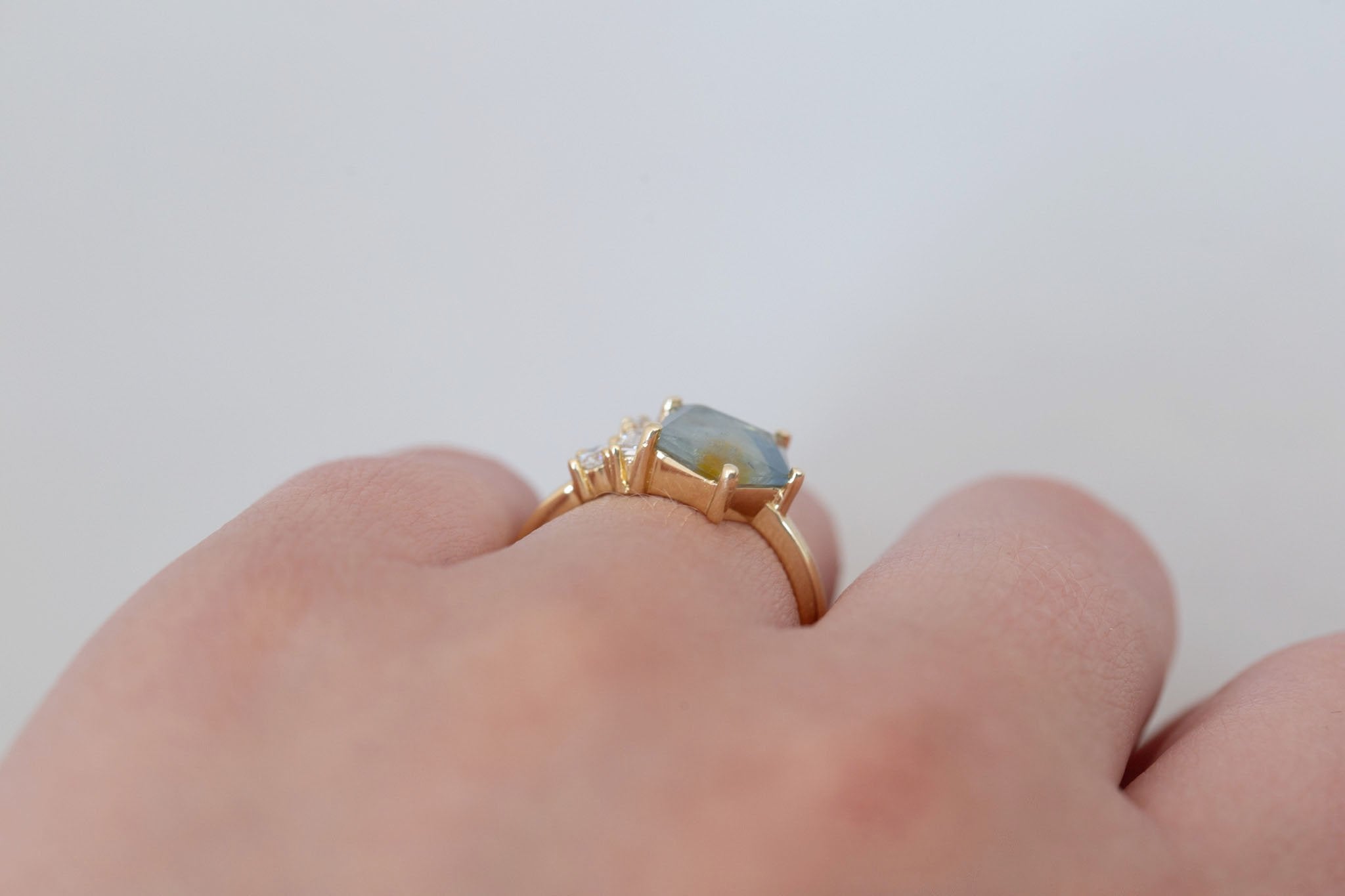 Freya Ring | Bicolor Geocut Sapphire + Diamond Cluster Engagement Ring 2.37 ct | 14k Recycled Gold | One of a Kind