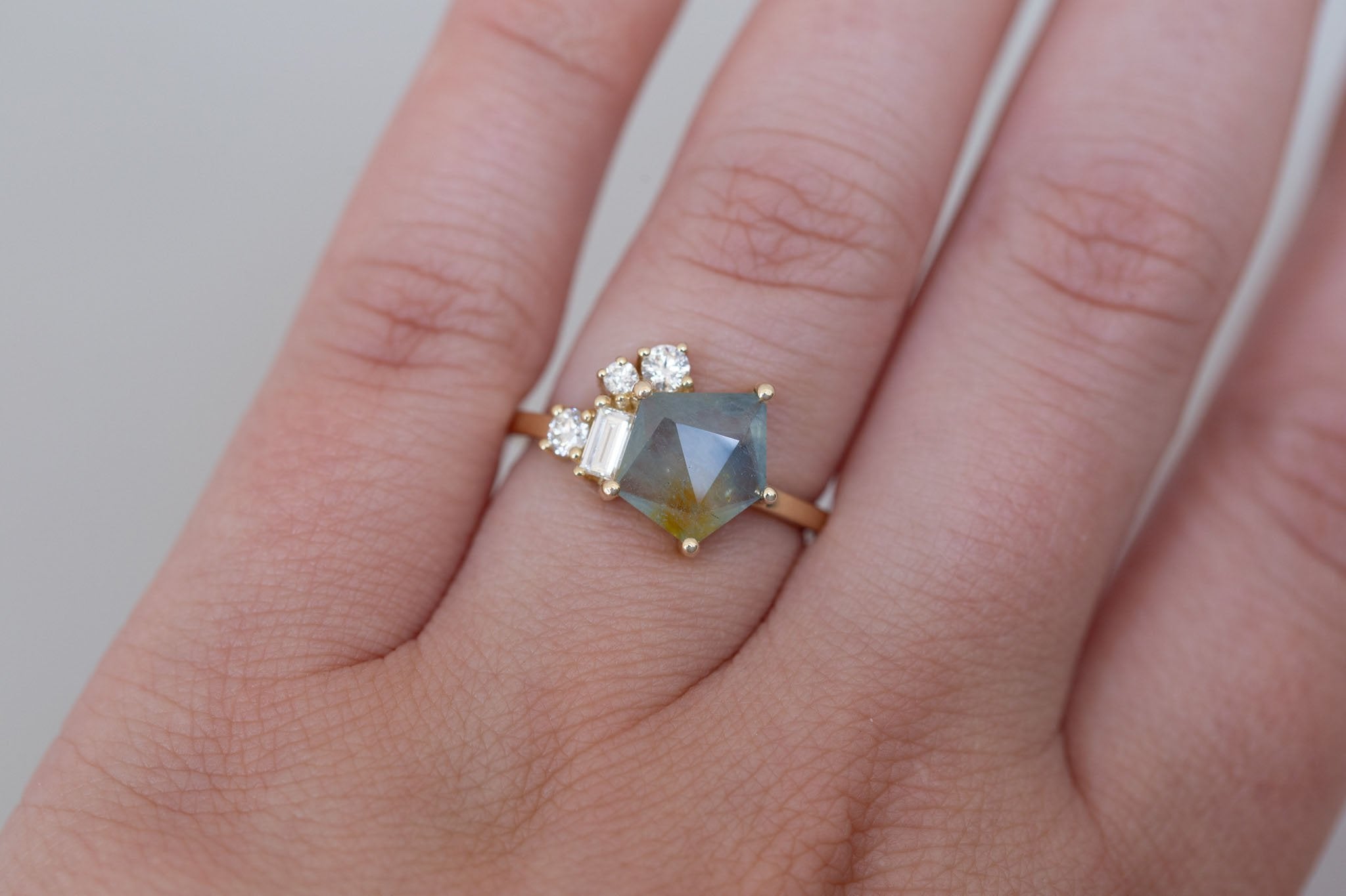 Freya Ring | Bicolor Geocut Sapphire + Diamond Cluster Engagement Ring 2.37 ct | 14k Recycled Gold | One of a Kind