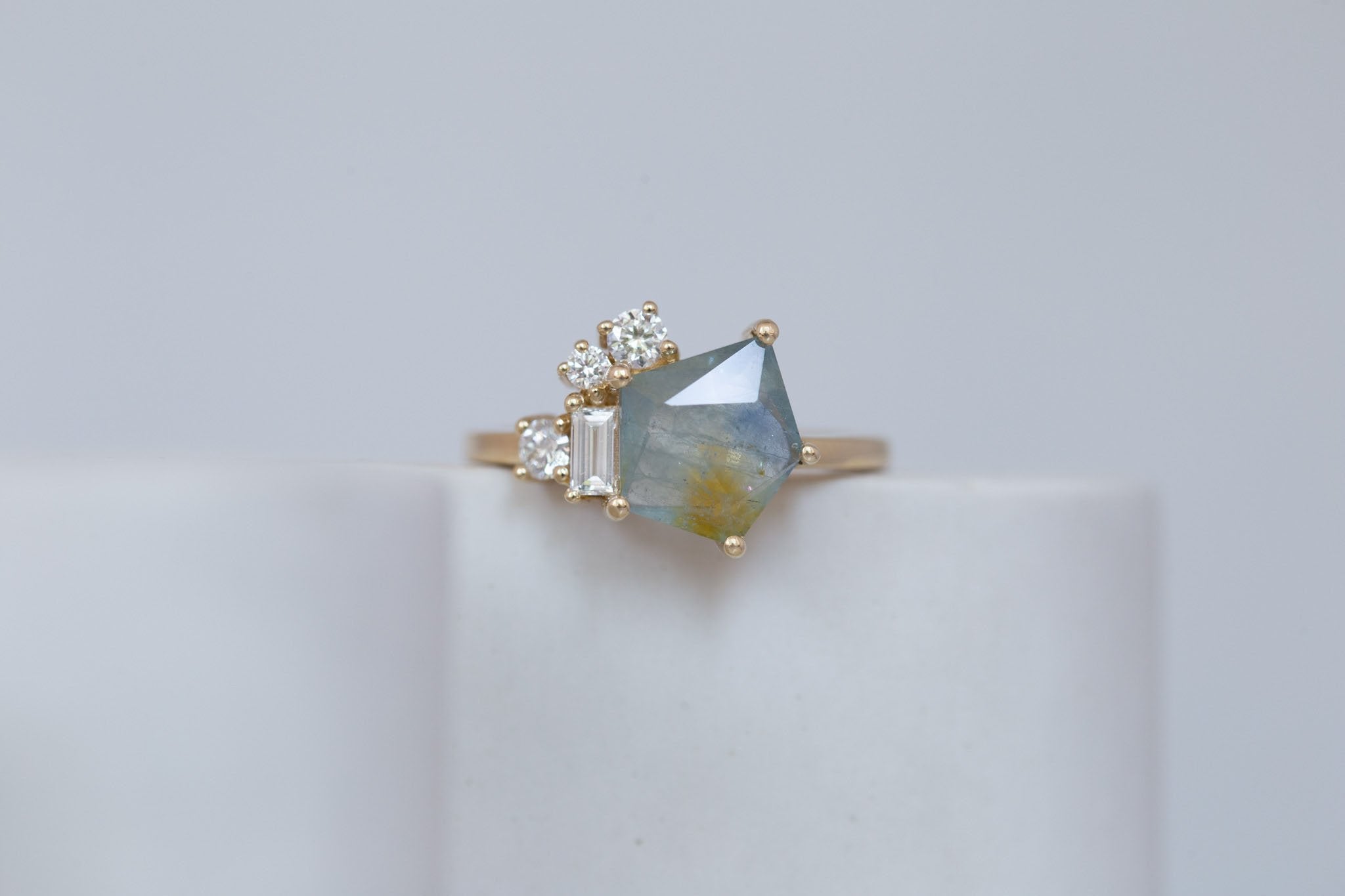 Freya Ring | Bicolor Geocut Sapphire + Diamond Cluster Engagement Ring 2.37 ct | 14k Recycled Gold | One of a Kind