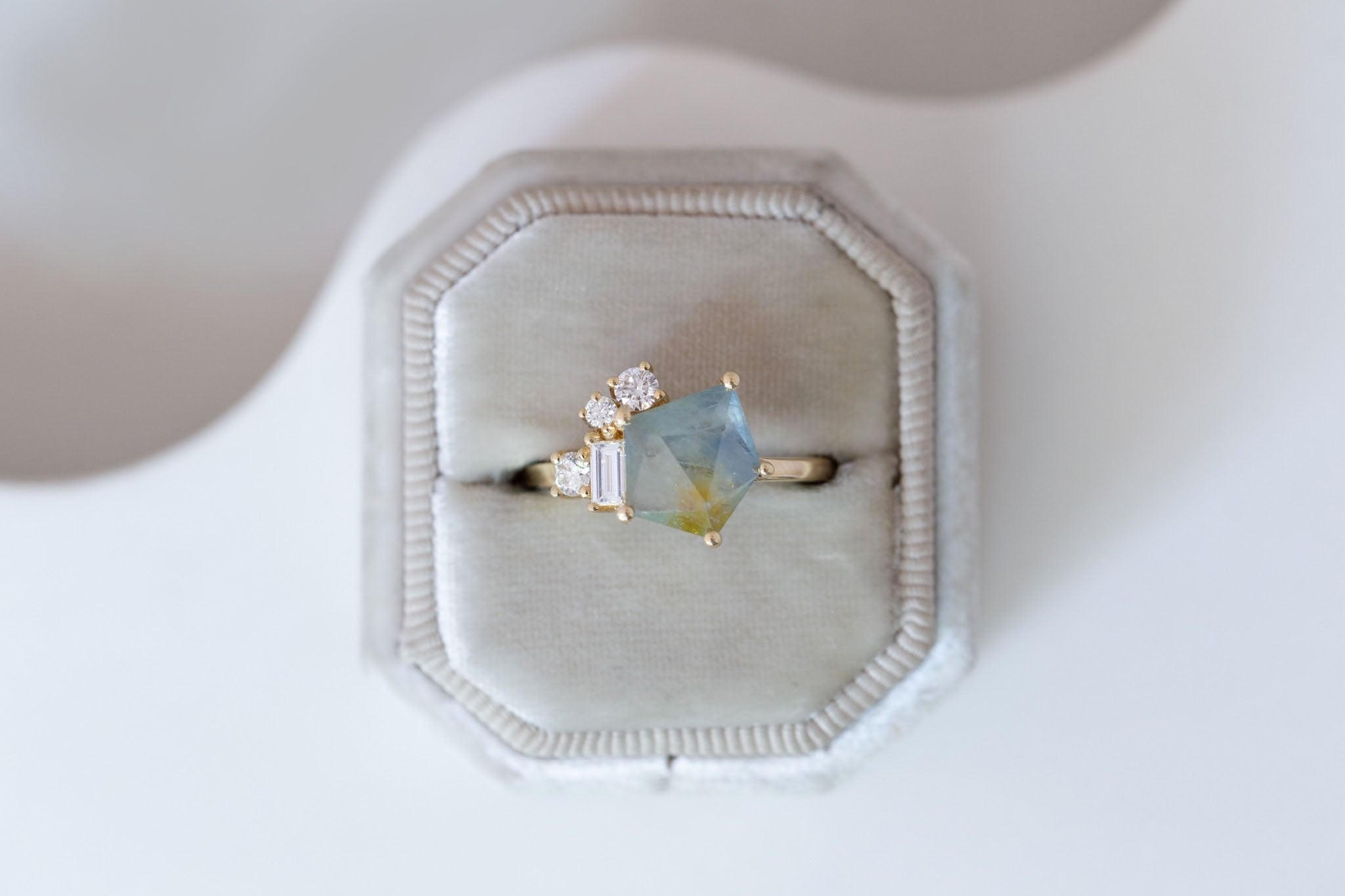Freya Ring | Bicolor Geocut Sapphire + Diamond Cluster Engagement Ring 2.37 ct | 14k Recycled Gold | One of a Kind