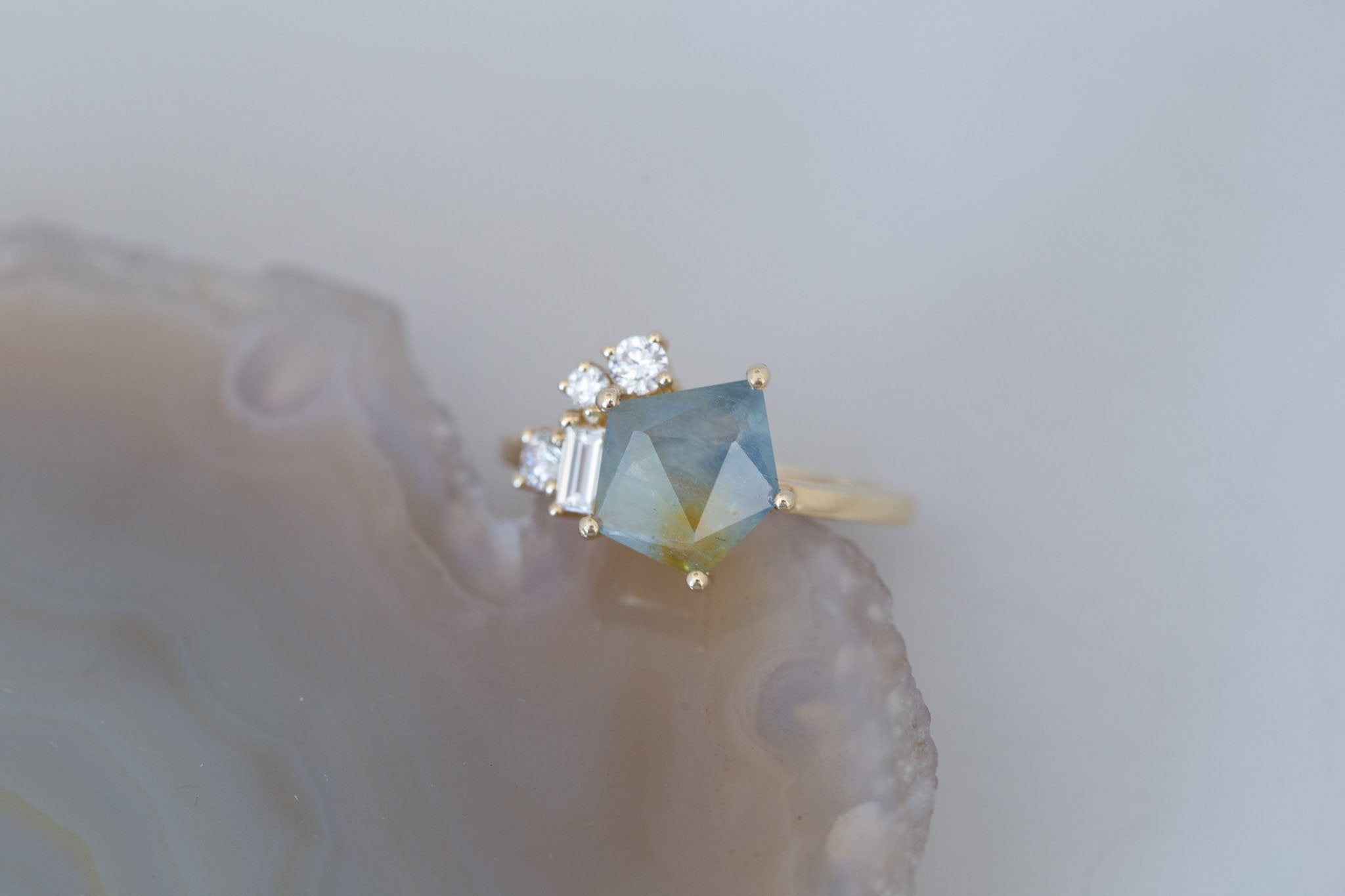 Freya Ring | Bicolor Geocut Sapphire + Diamond Cluster Engagement Ring 2.37 ct | 14k Recycled Gold | One of a Kind