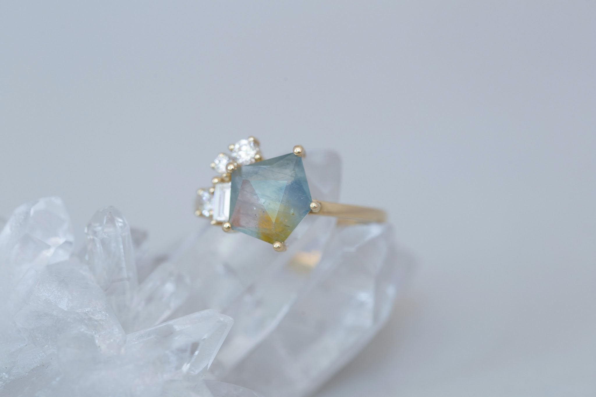 Freya Ring | Bicolor Geocut Sapphire + Diamond Cluster Engagement Ring 2.37 ct | 14k Recycled Gold | One of a Kind