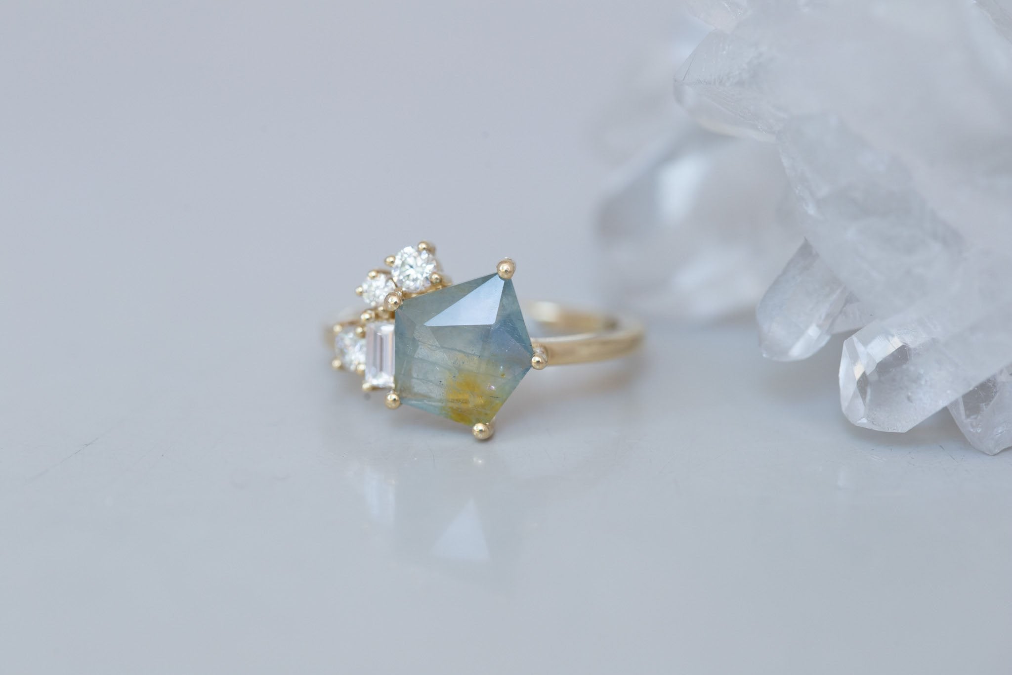 Freya Ring | Bicolor Geocut Sapphire + Diamond Cluster Engagement Ring 2.37 ct | 14k Recycled Gold | One of a Kind