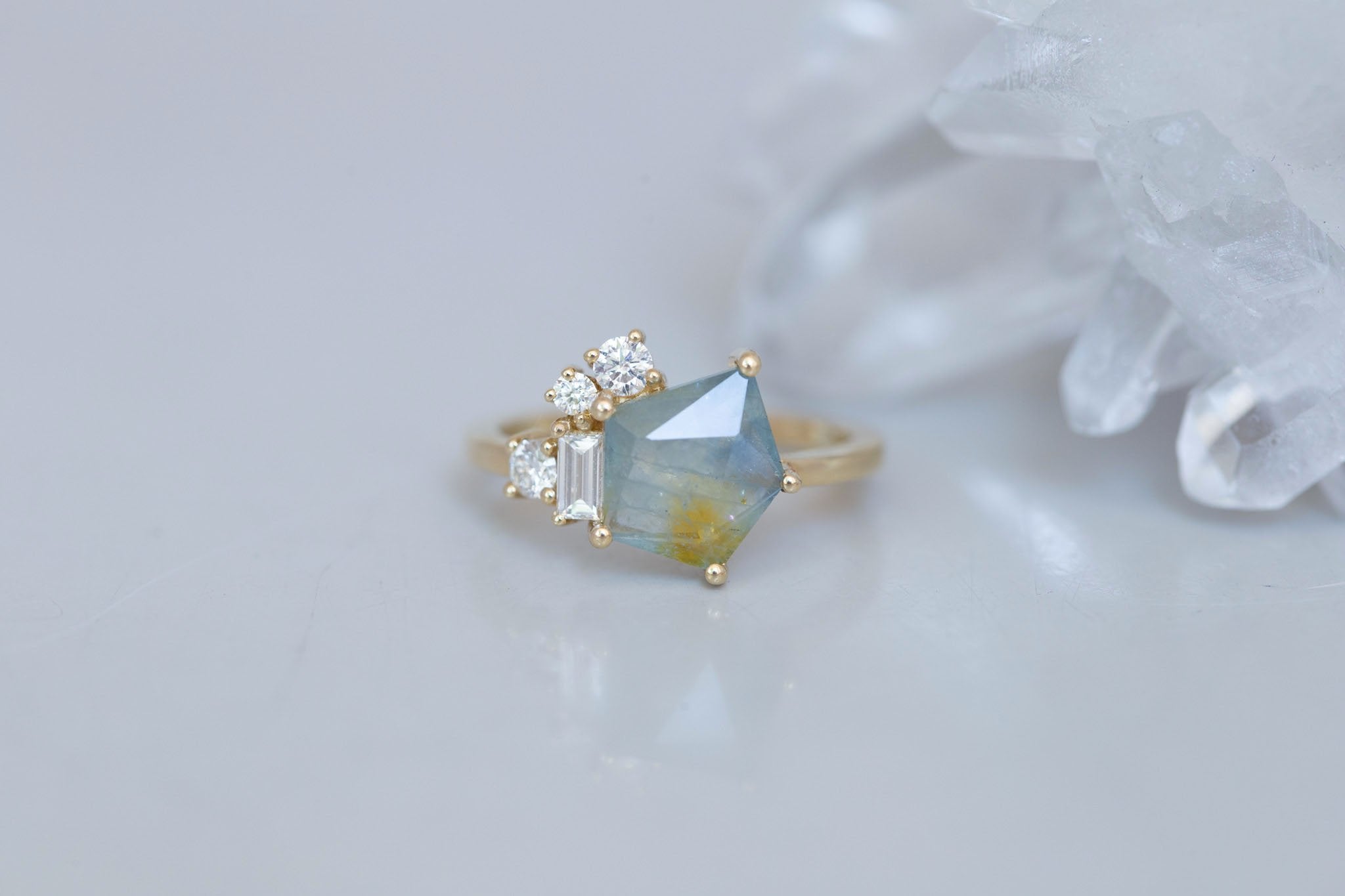 Freya Ring | Bicolor Geocut Sapphire + Diamond Cluster Engagement Ring 2.37 ct | 14k Recycled Gold | One of a Kind