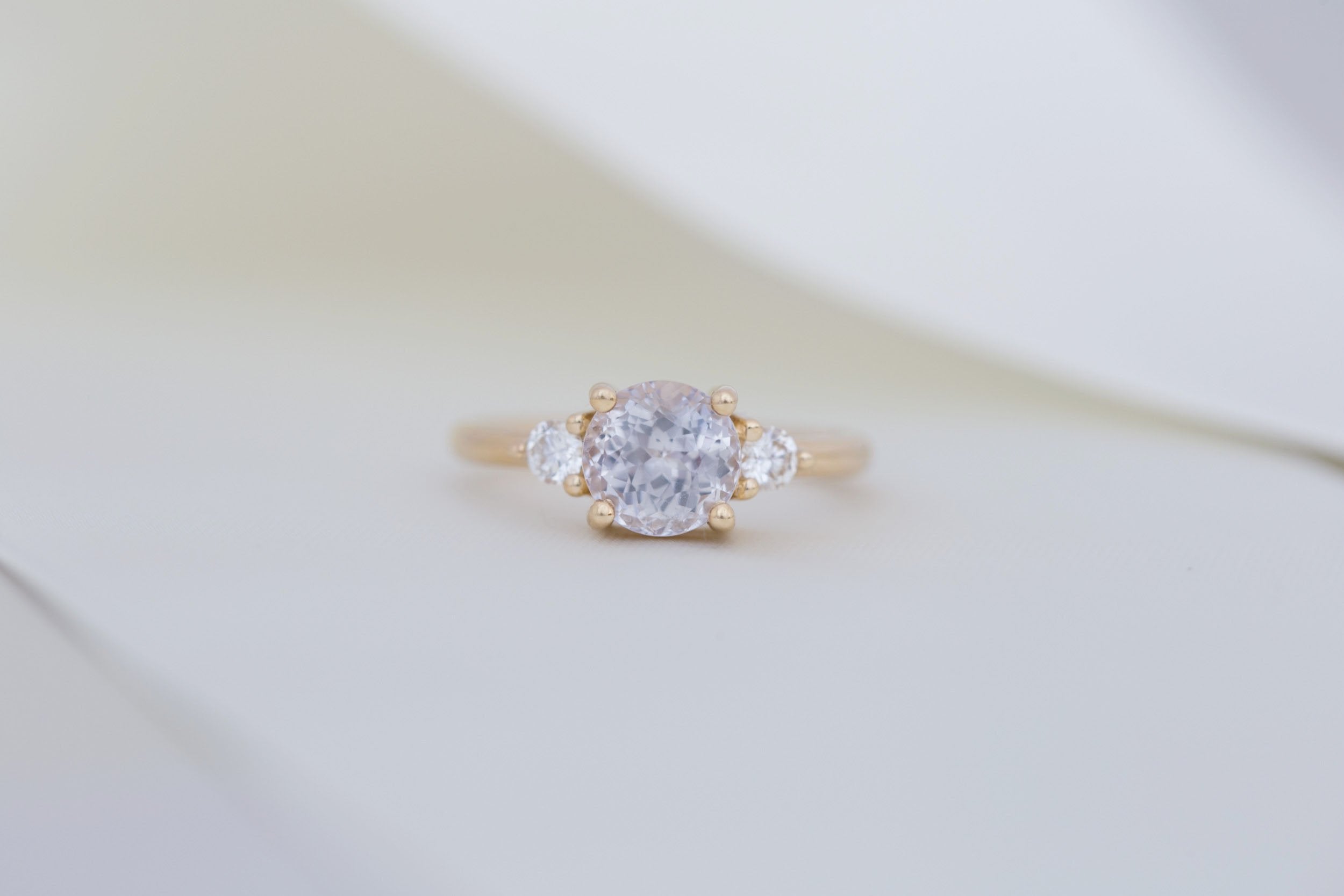 Maeve Ring | Icy Lavender Sapphire + Round Diamond Accent Engagement Ring 2.37 ct | 14k Recycled Gold | One of a Kind