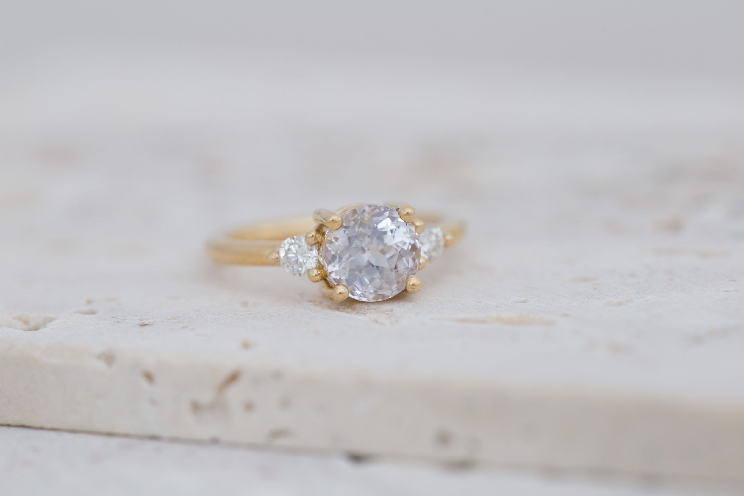 Maeve Ring | Icy Lavender Sapphire + Round Diamond Accent Engagement Ring 2.37 ct | 14k Recycled Gold | One of a Kind