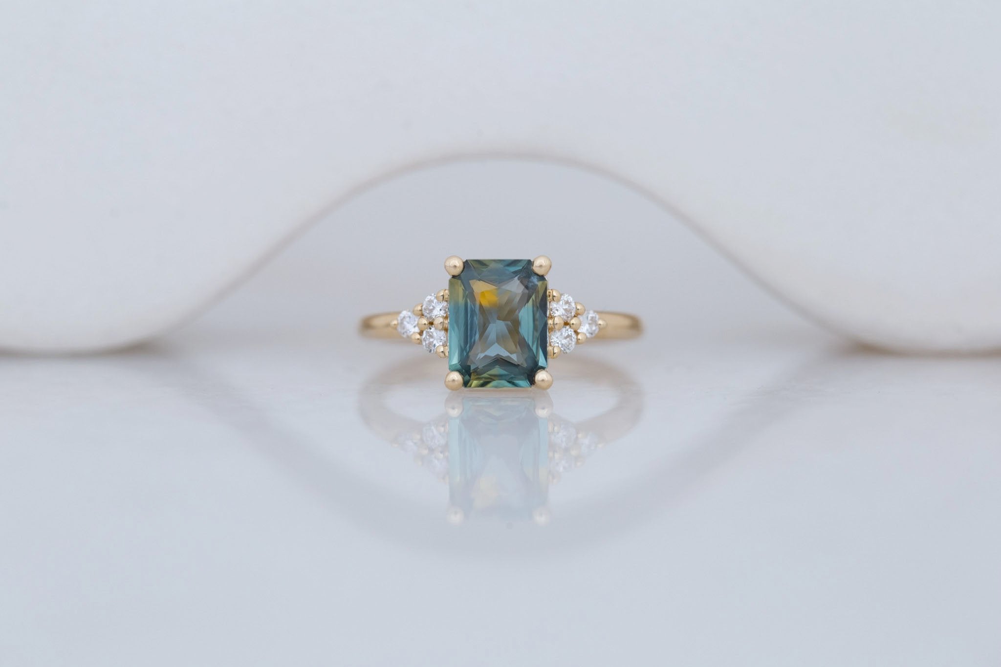 Verona Ring | Green Bicolor Radiant Cut Sapphire + Round Diamond Accents Engagement Ring 2.41 ct | 14k Recycled Gold | One of a Kind