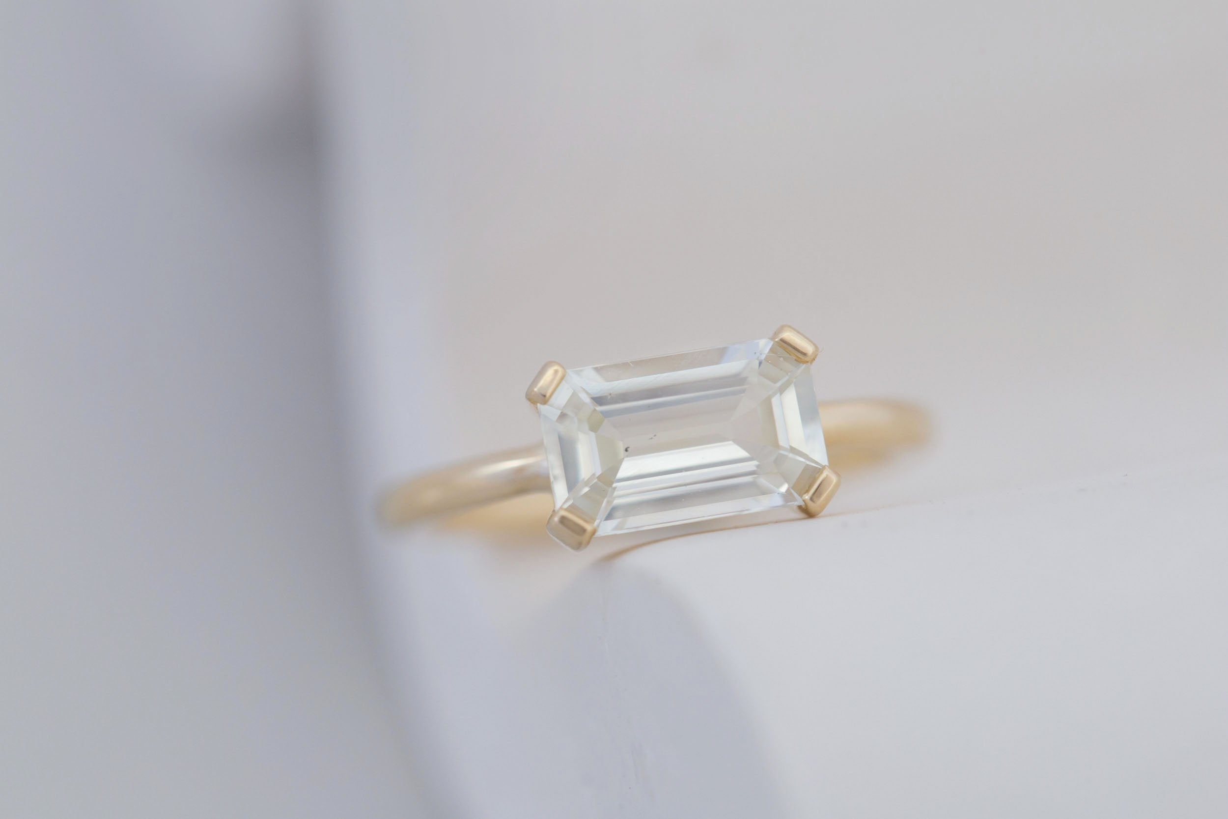 Farley Ring | White Emerald Cut Sapphire Engagement Ring 2.42 ct | 14k Recycled Gold | One of a Kind