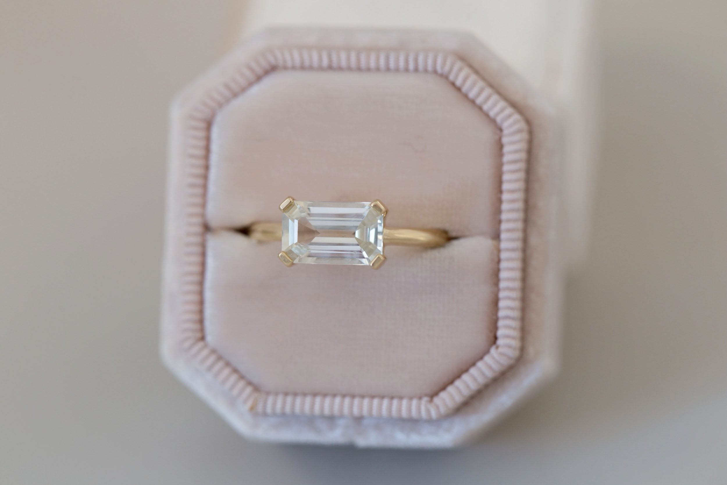 Farley Ring | White Emerald Cut Sapphire Engagement Ring 2.42 ct | 14k Recycled Gold | One of a Kind