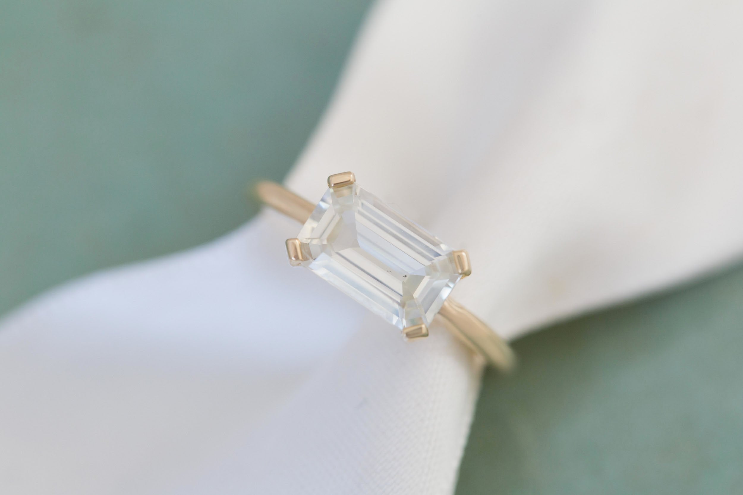 Farley Ring | White Emerald Cut Sapphire Engagement Ring 2.42 ct | 14k Recycled Gold | One of a Kind