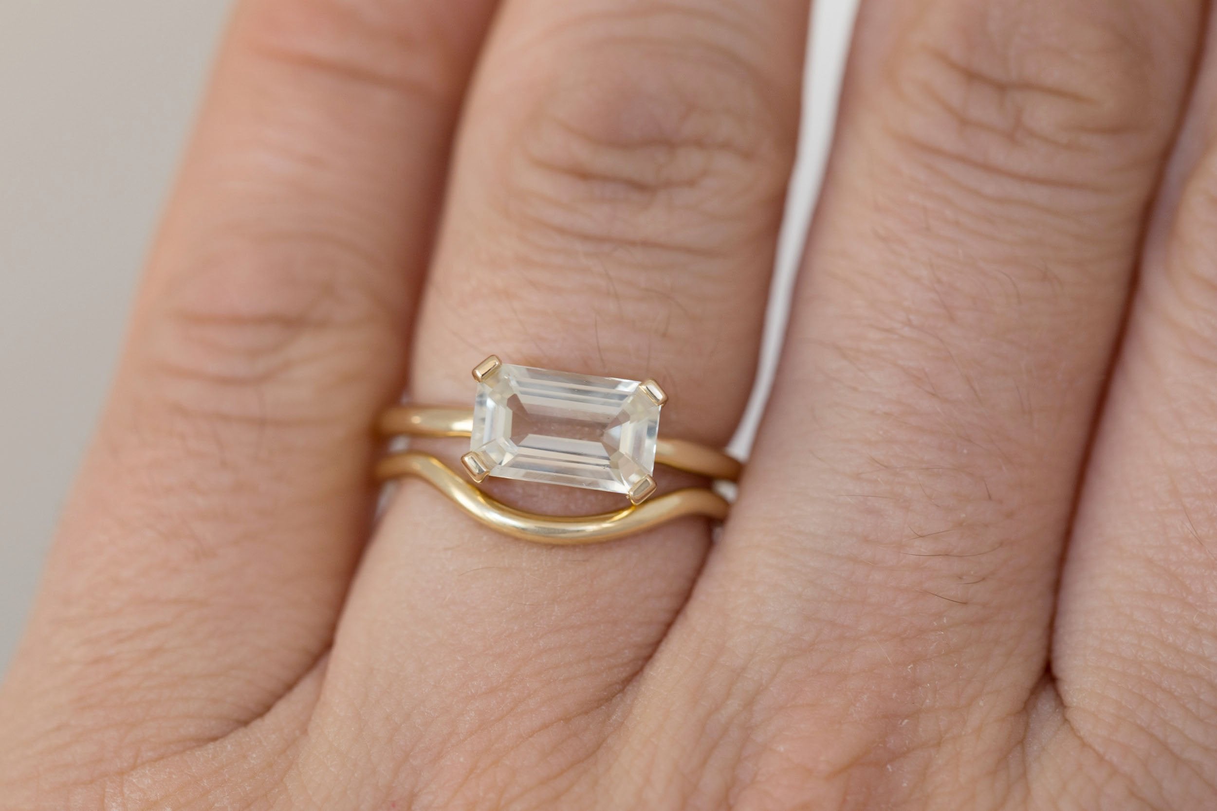 Farley Ring | White Emerald Cut Sapphire Engagement Ring 2.42 ct | 14k Recycled Gold | One of a Kind