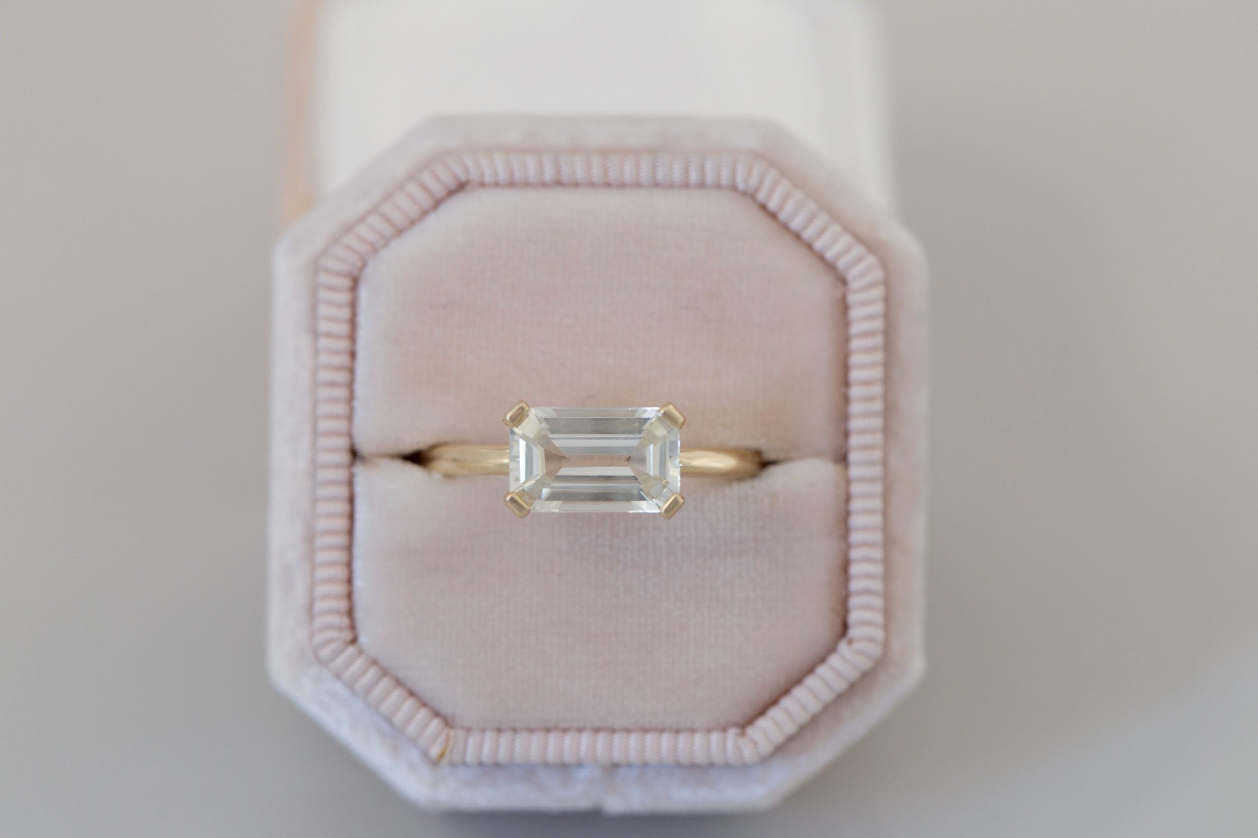 Farley Ring | White Emerald Cut Sapphire Engagement Ring 2.42 ct | 14k Recycled Gold | One of a Kind