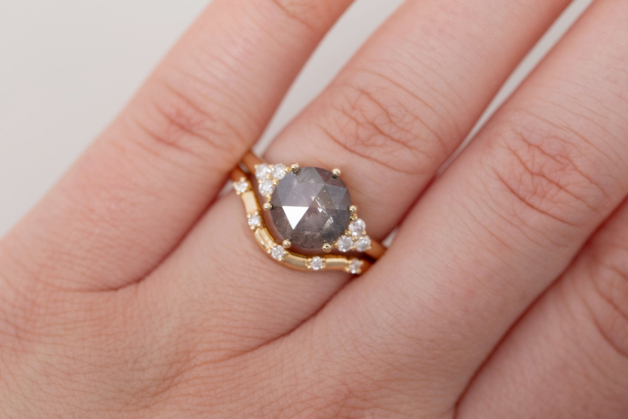 Verona Ring | Salt and Pepper Rose Cut Diamond + Round Diamond Accents Engagement Ring 2.45 ct | 14k Recycled Gold | One of a Kind