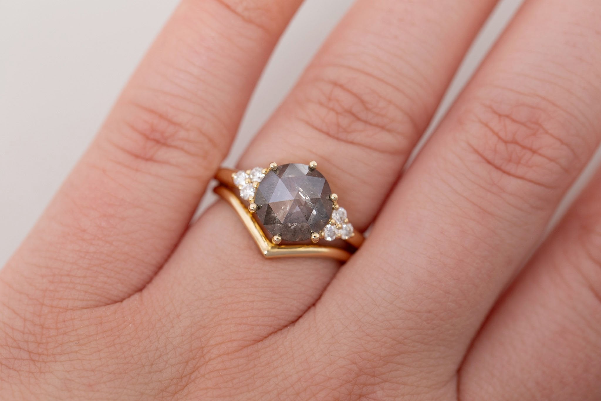 Verona Ring | Salt and Pepper Rose Cut Diamond + Round Diamond Accents Engagement Ring 2.45 ct | 14k Recycled Gold | One of a Kind