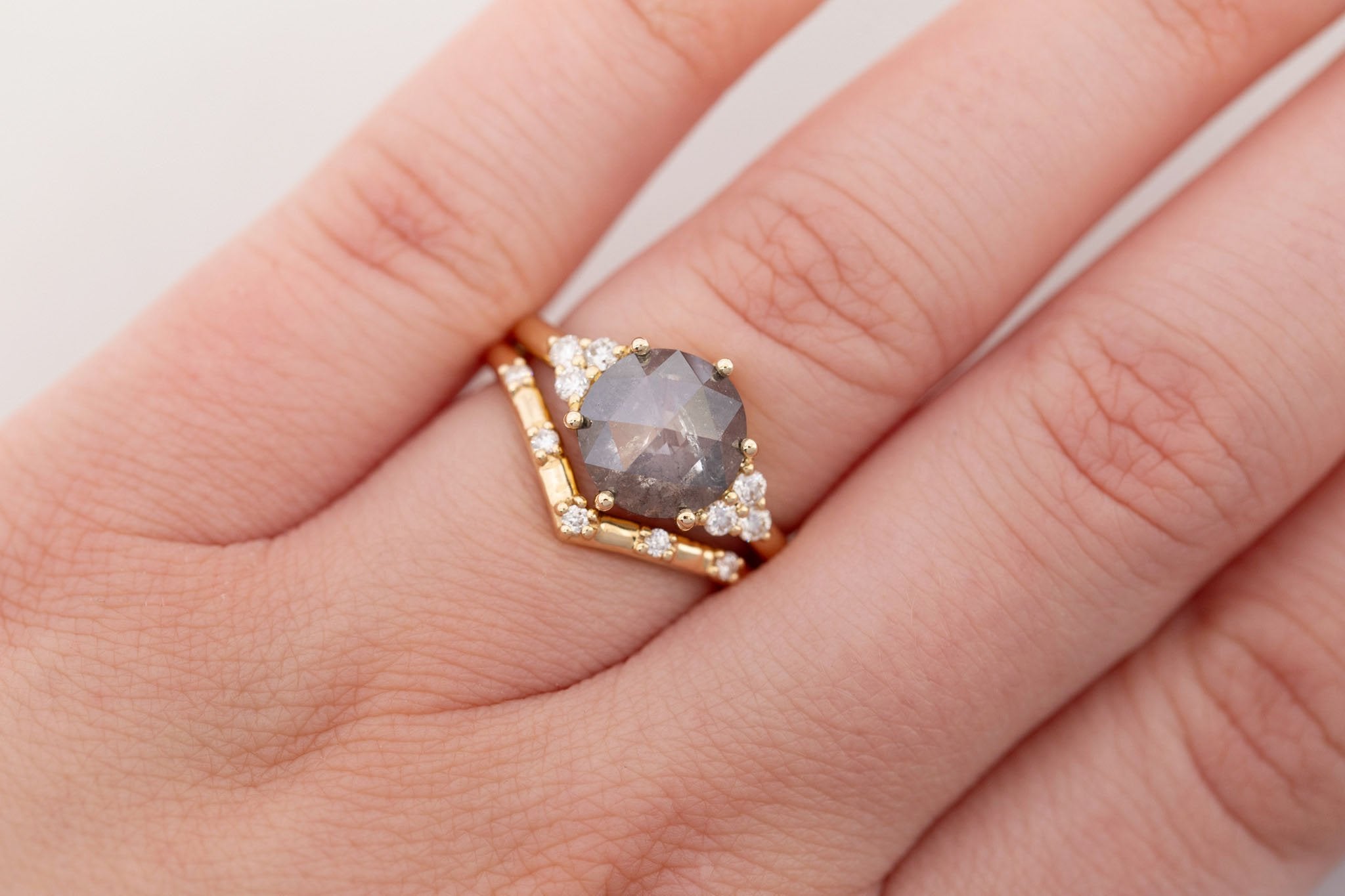 Verona Ring | Salt and Pepper Rose Cut Diamond + Round Diamond Accents Engagement Ring 2.45 ct | 14k Recycled Gold | One of a Kind