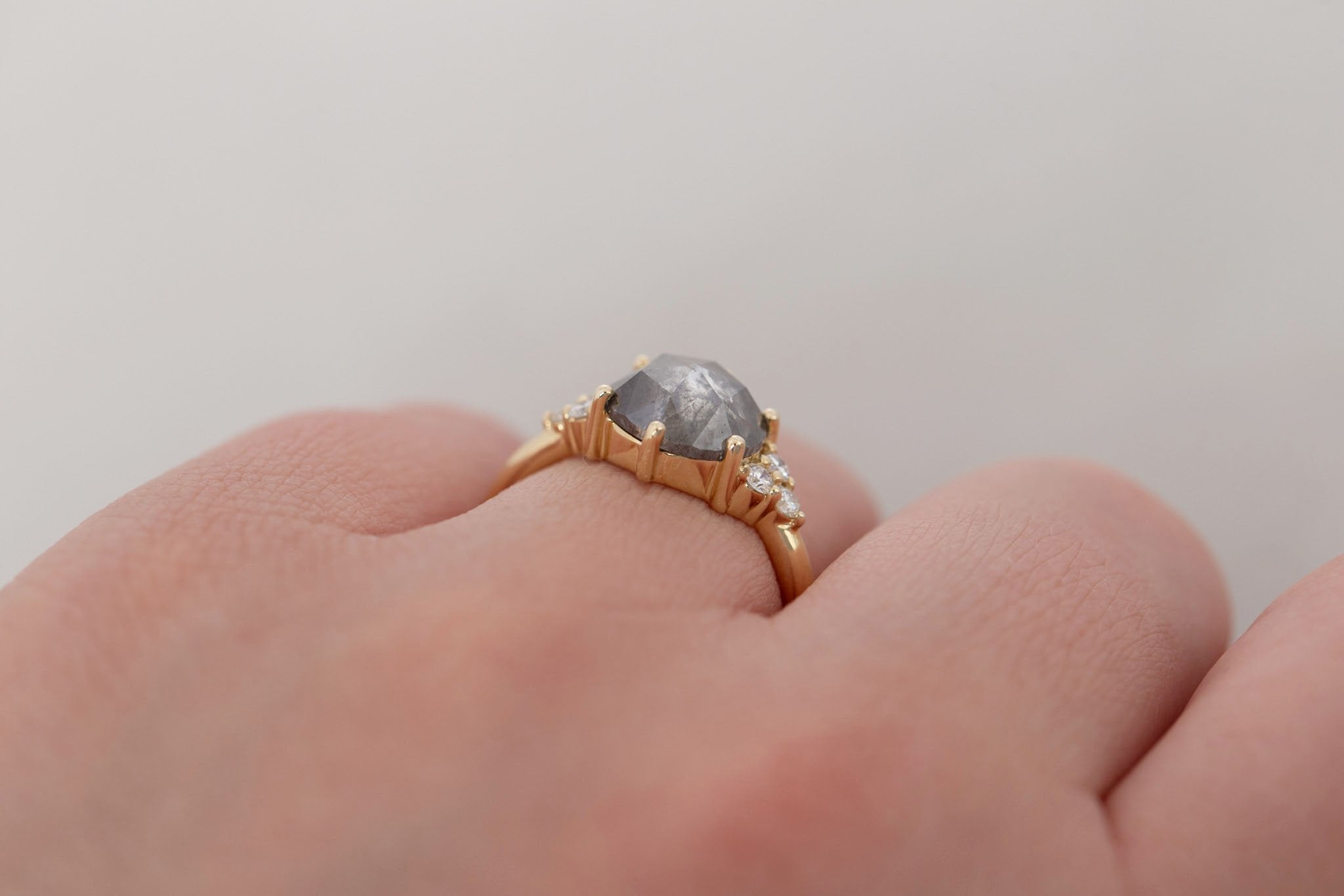 Verona Ring | Salt and Pepper Rose Cut Diamond + Round Diamond Accents Engagement Ring 2.45 ct | 14k Recycled Gold | One of a Kind