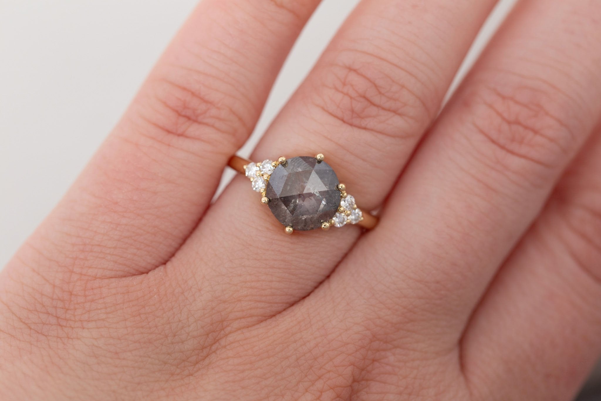 Verona Ring | Salt and Pepper Rose Cut Diamond + Round Diamond Accents Engagement Ring 2.45 ct | 14k Recycled Gold | One of a Kind