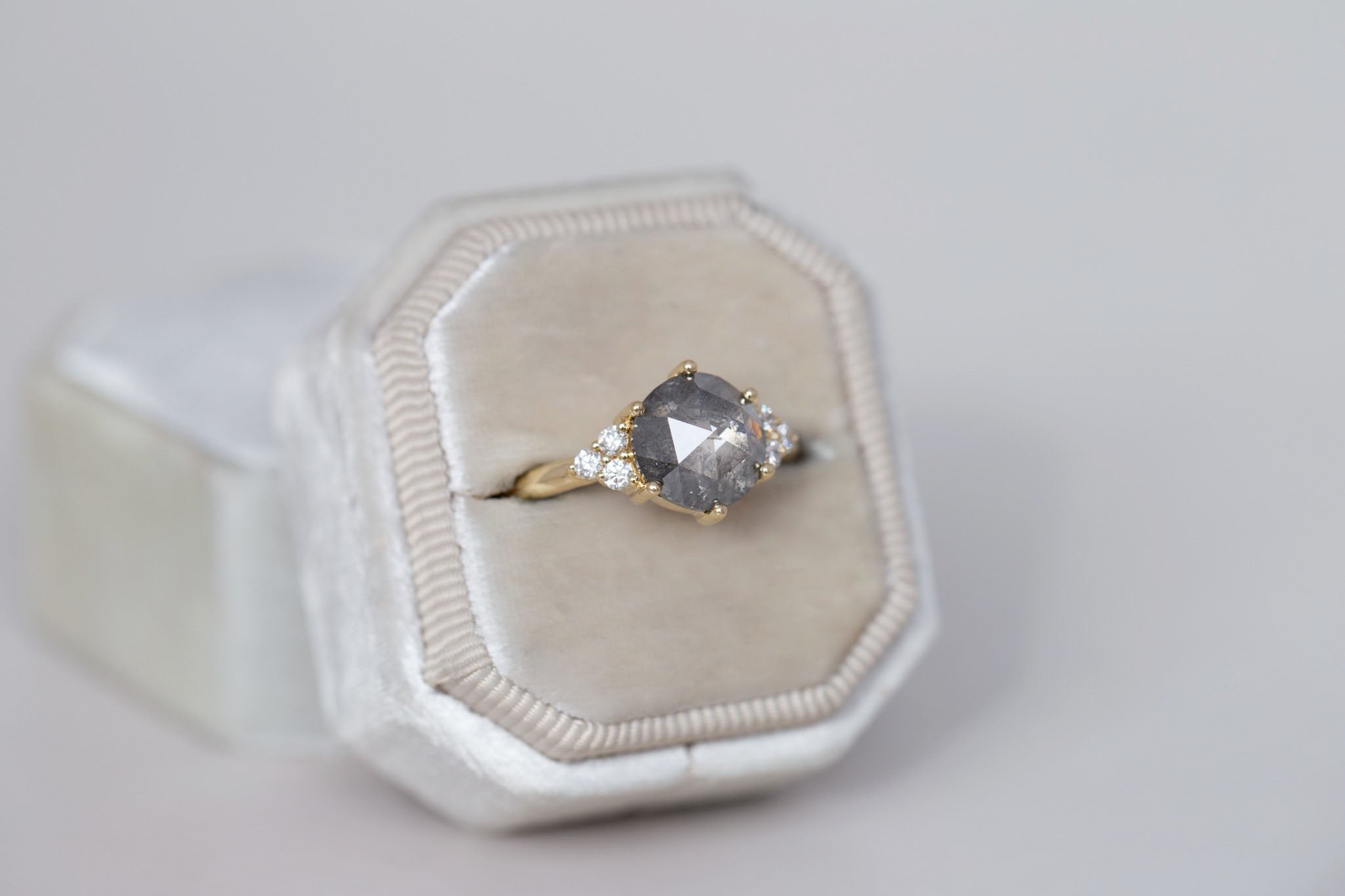 Verona Ring | Salt and Pepper Rose Cut Diamond + Round Diamond Accents Engagement Ring 2.45 ct | 14k Recycled Gold | One of a Kind