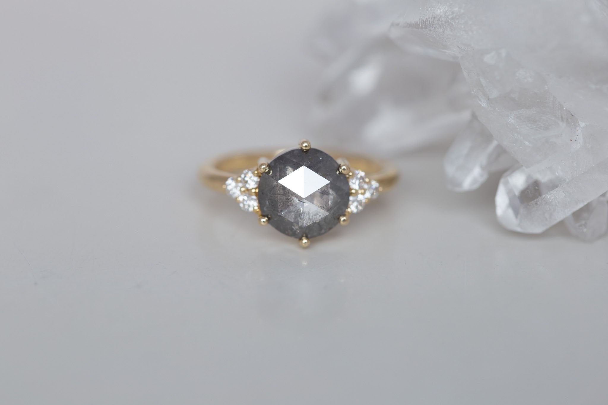 Verona Ring | Salt and Pepper Rose Cut Diamond + Round Diamond Accents Engagement Ring 2.45 ct | 14k Recycled Gold | One of a Kind