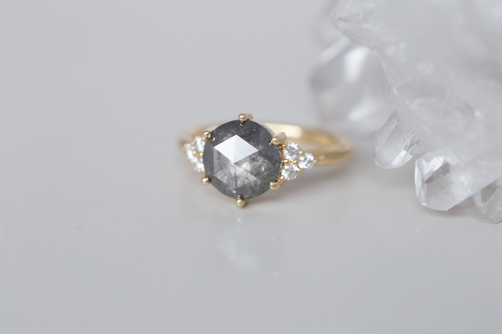 Verona Ring | Salt and Pepper Rose Cut Diamond + Round Diamond Accents Engagement Ring 2.45 ct | 14k Recycled Gold | One of a Kind