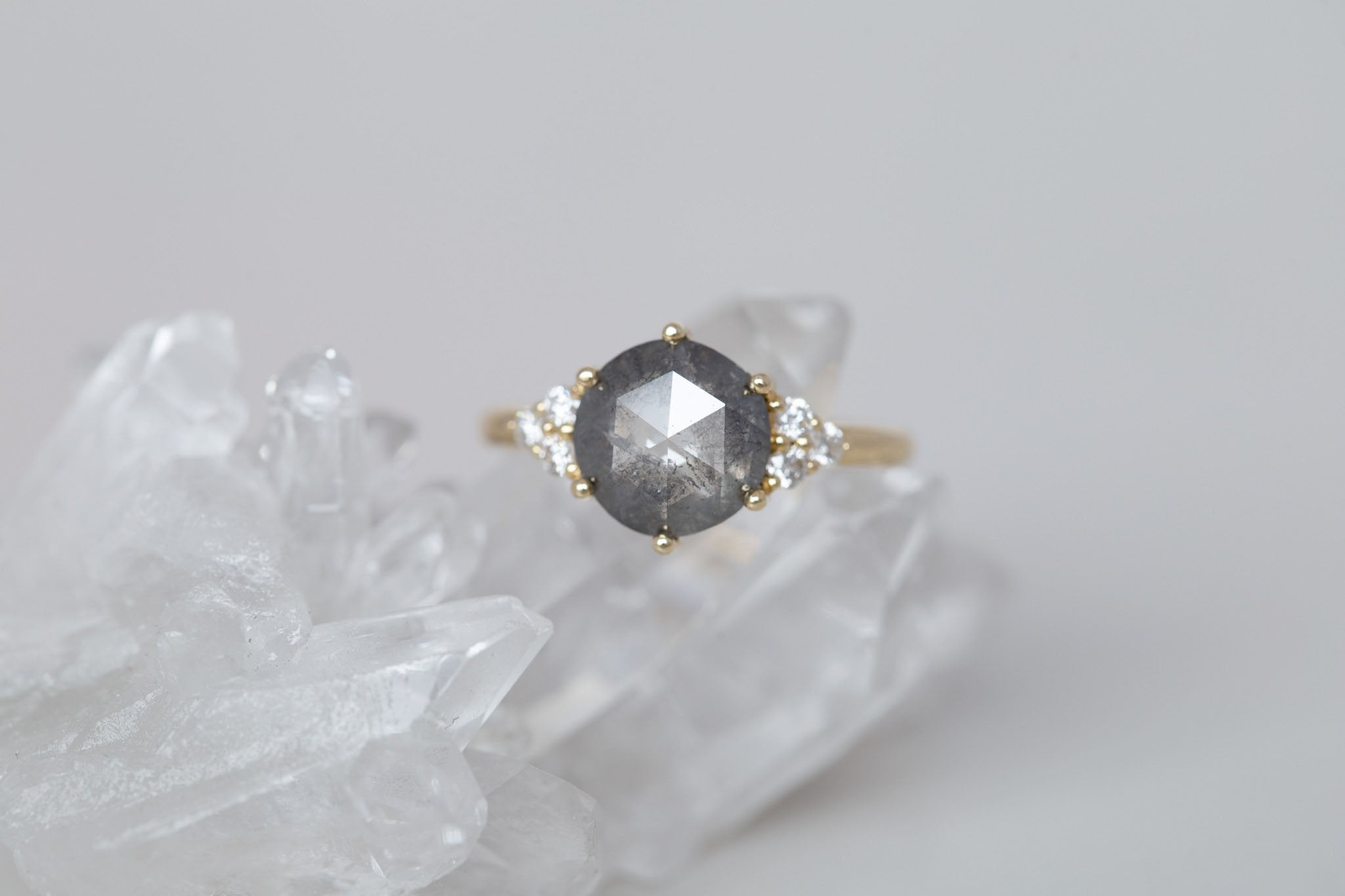 Verona Ring | Salt and Pepper Rose Cut Diamond + Round Diamond Accents Engagement Ring 2.45 ct | 14k Recycled Gold | One of a Kind