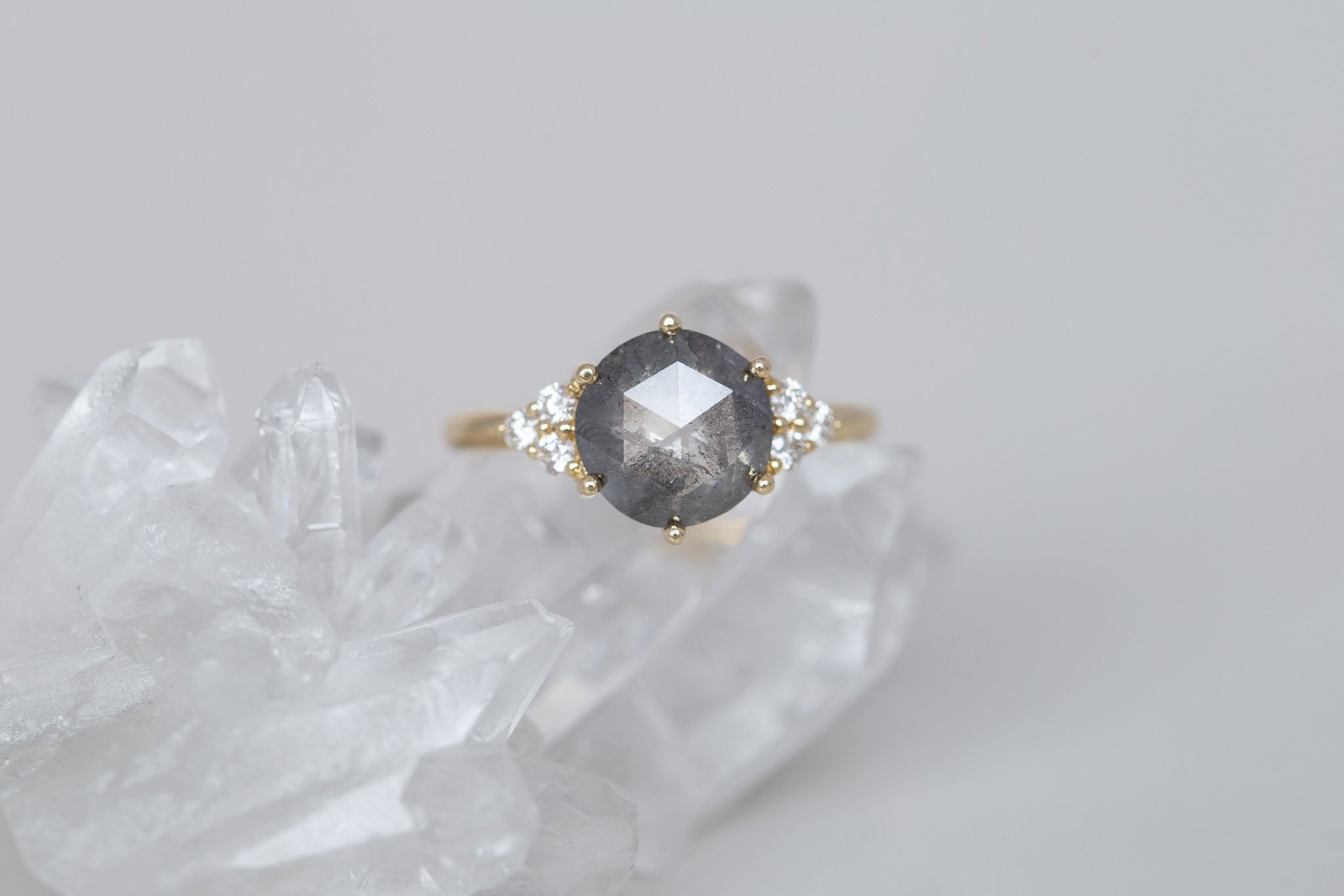 Verona Ring | Salt and Pepper Rose Cut Diamond + Round Diamond Accents Engagement Ring 2.45 ct | 14k Recycled Gold | One of a Kind