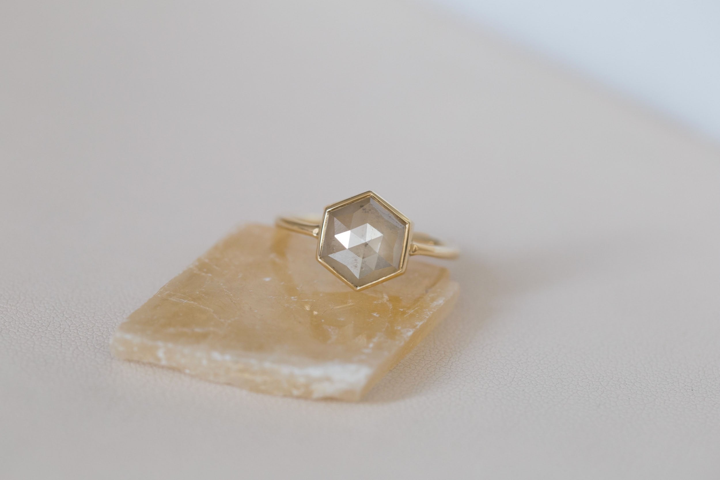 Avens Ring | Champagne Rustic Diamond Hexagon Solitaire 2.51 ct | 14k Recycled Gold | One of a Kind