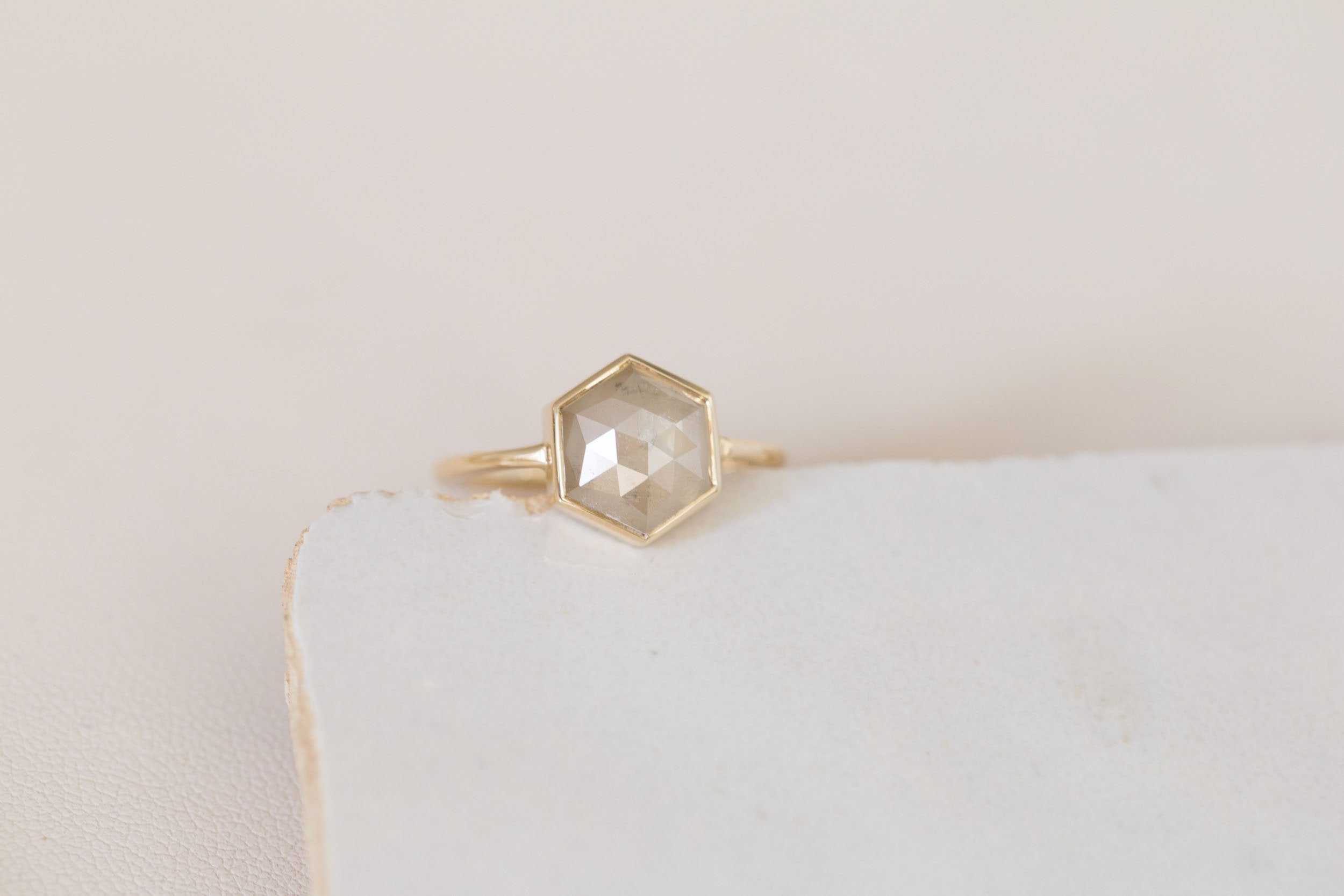 Avens Ring | Champagne Rustic Diamond Hexagon Solitaire 2.51 ct | 14k Recycled Gold | One of a Kind