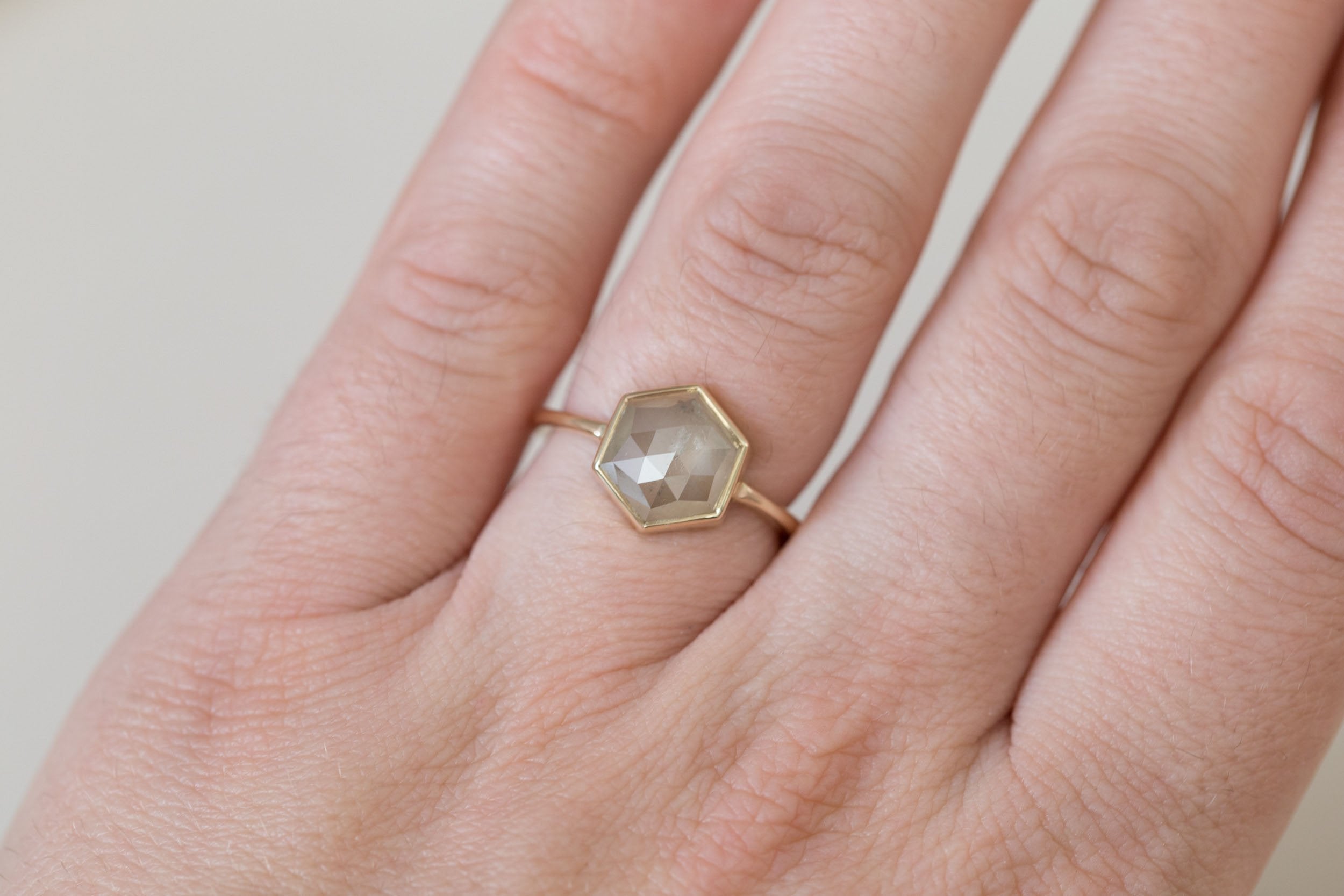 Avens Ring | Champagne Rustic Diamond Hexagon Solitaire 2.51 ct | 14k Recycled Gold | One of a Kind